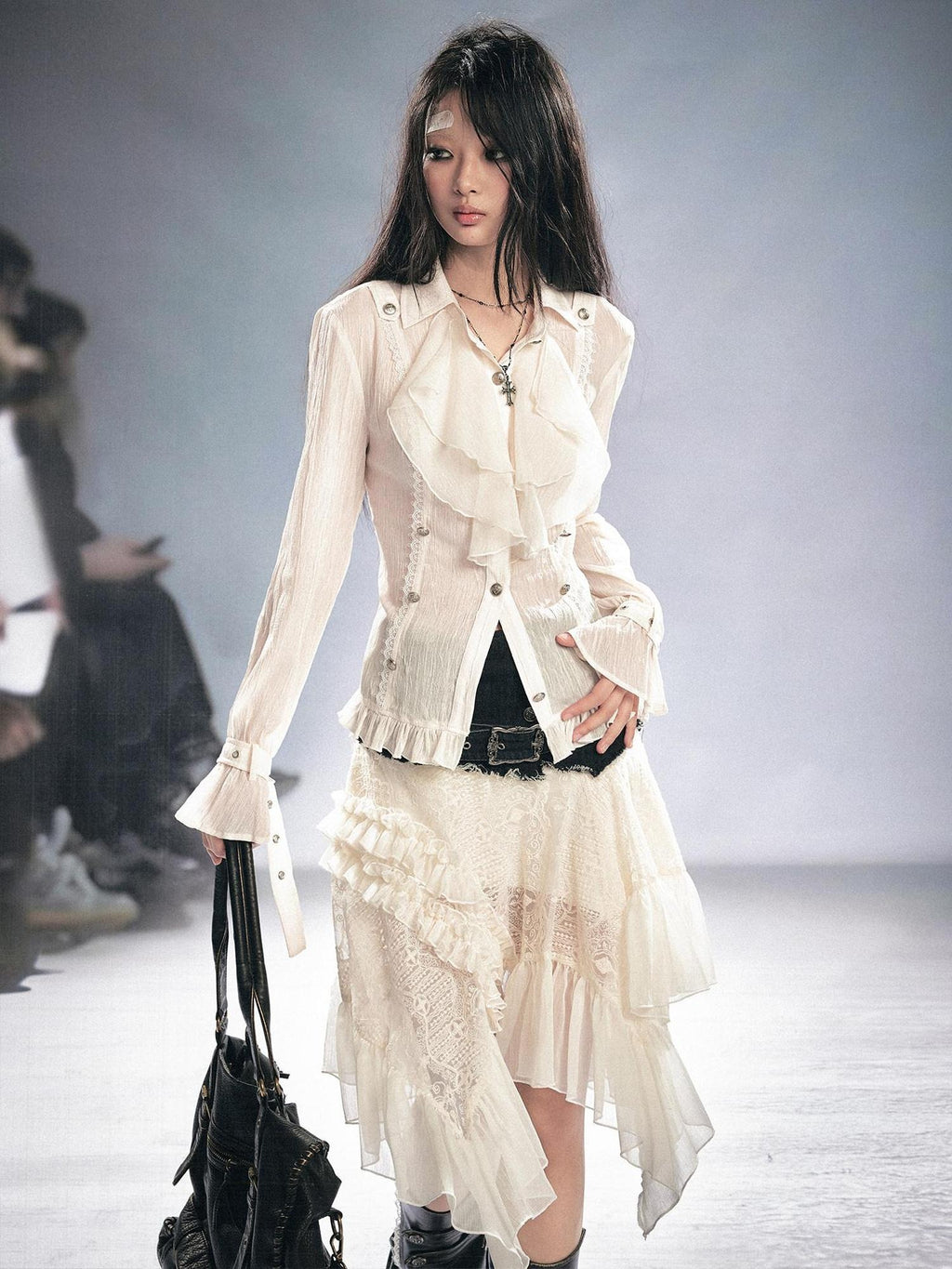 Cest Nous Gothic Ruffle Slim Fit Modal Long Sleeve Women Black Beige Blouses