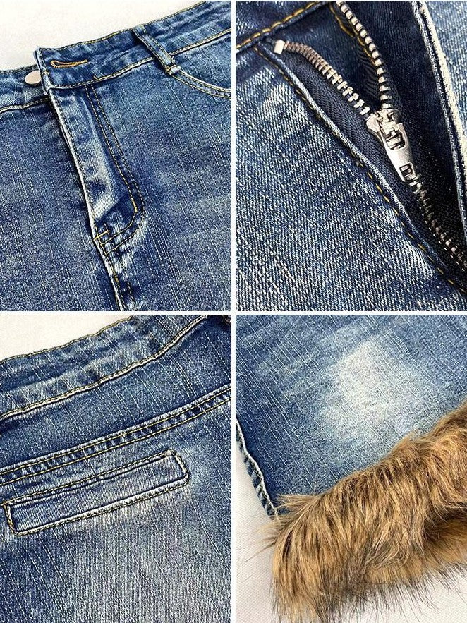 REDDACHIC American Vintage High Waist Bodycon Street Women'S Plush Denim Mini Skirts