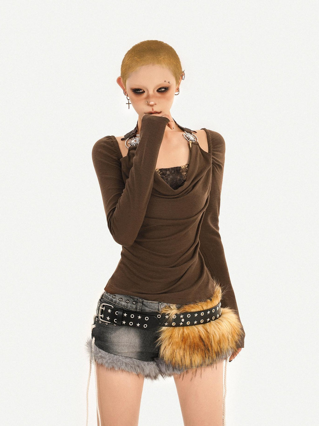 Nico Molly Sexy Backless Bardot Flared Sleeve Coffee Brown Leather Long Sleeve T-Shirts