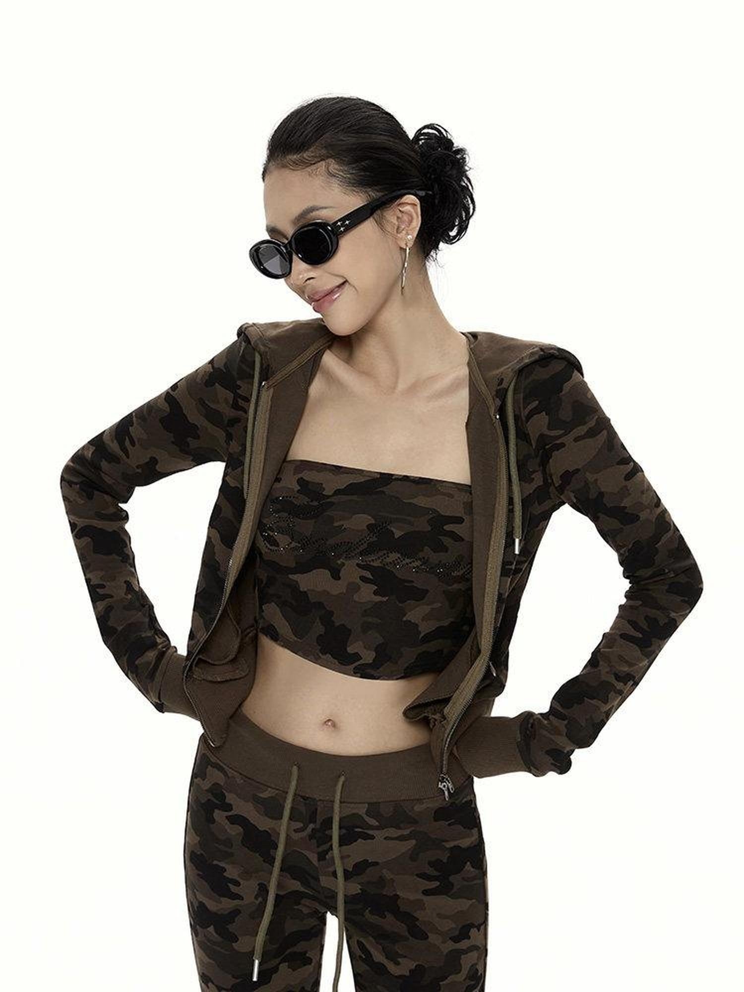 ZERO Zip Front Hooded Camo Three Piece Sexy Casual Women Long Sleeve Top & Pants Sets