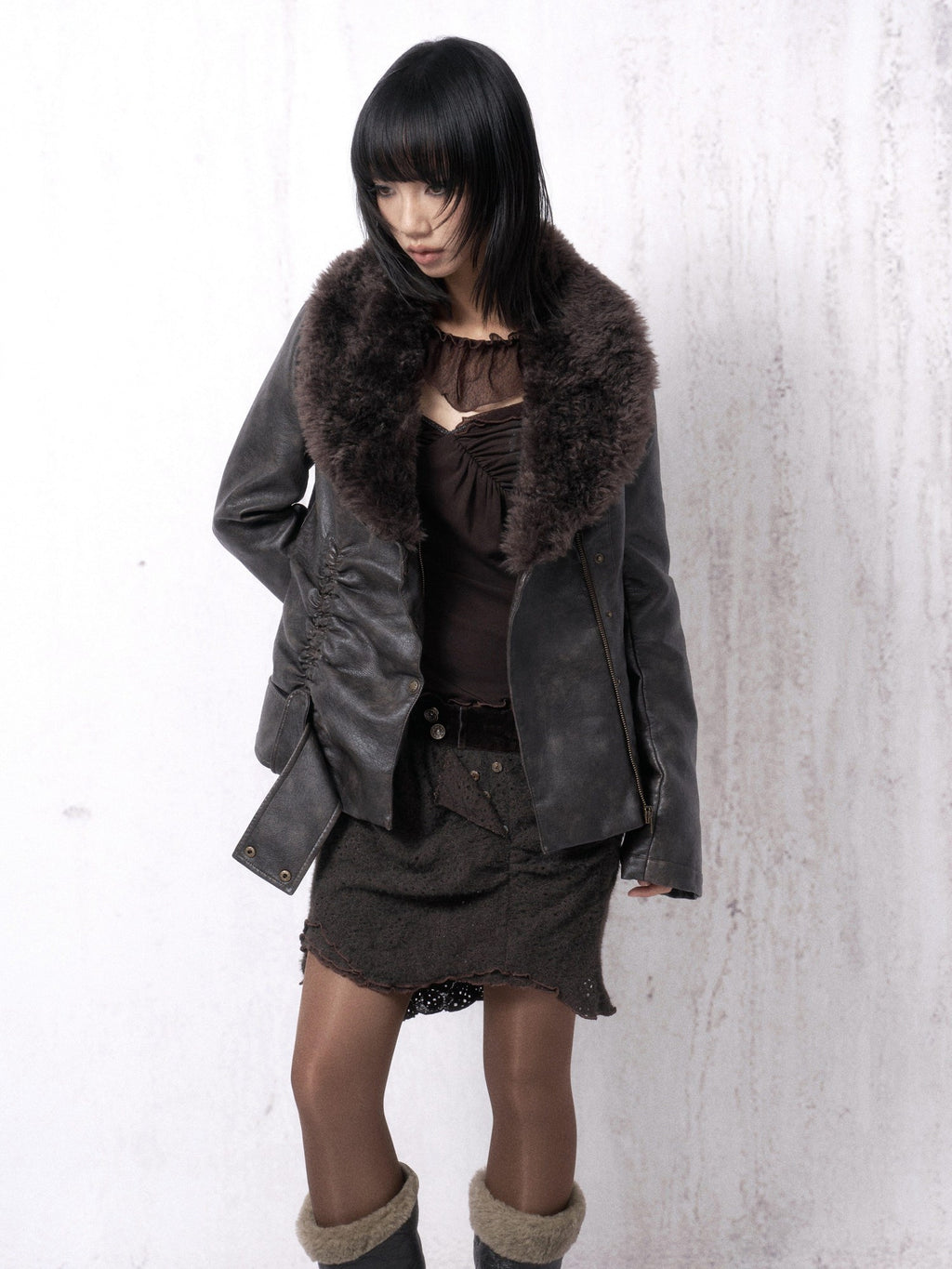 OPEN AESTHETIC Warm Fur Collar Slim Fit Retro Pleated Pu Brown Notch Collar Leather Jackets