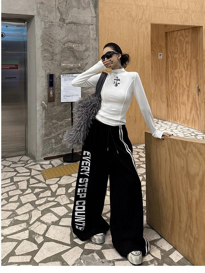ZERO Sporty Printed Knit Natural Waist Elastic Waistband Women Wide Leg Pants