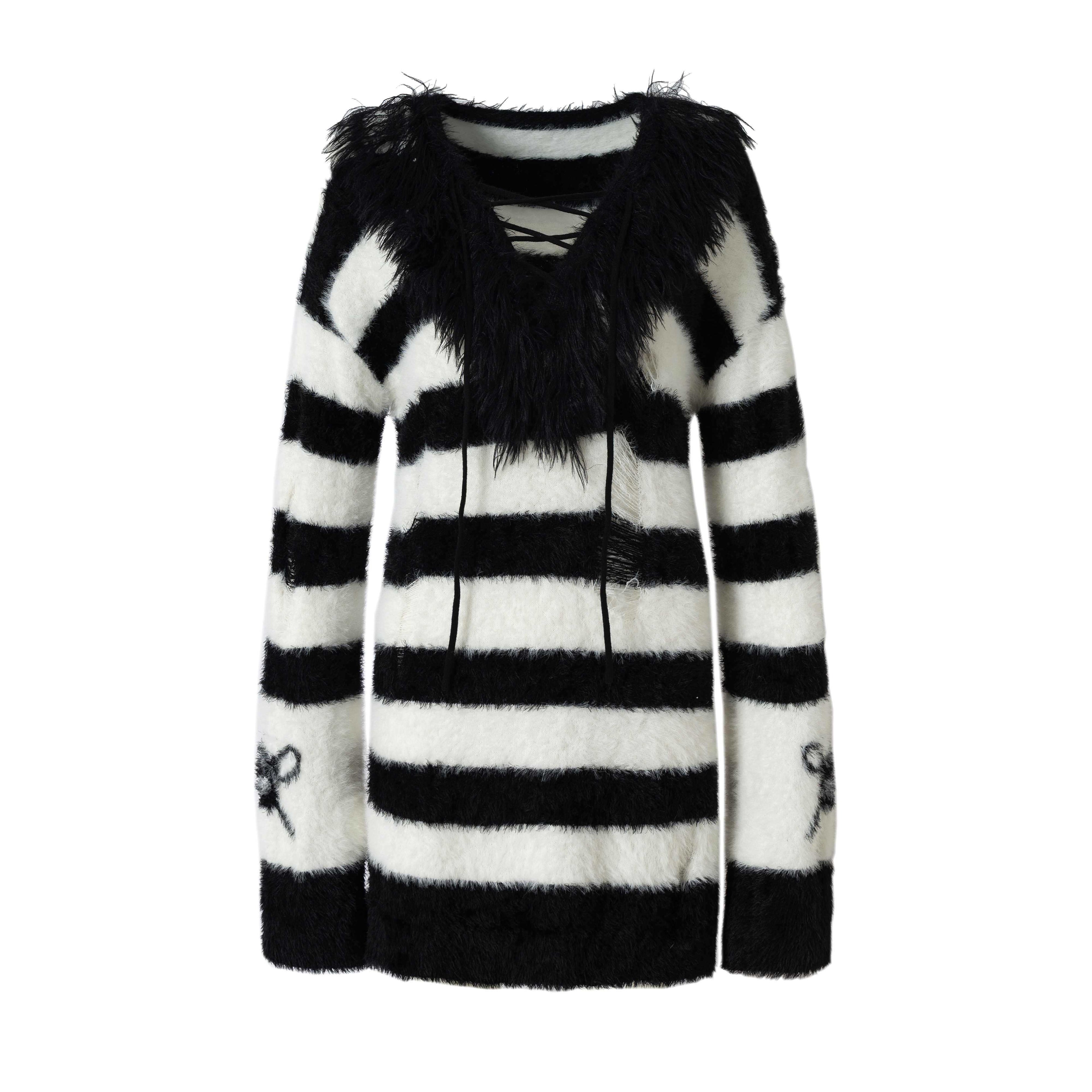 NO_ROMANCE_Vintage_Punk_Distressed_Striped_Women'S_Faux_Mink_Low_Neck_Loose_Long_Sweaters_MISSTT