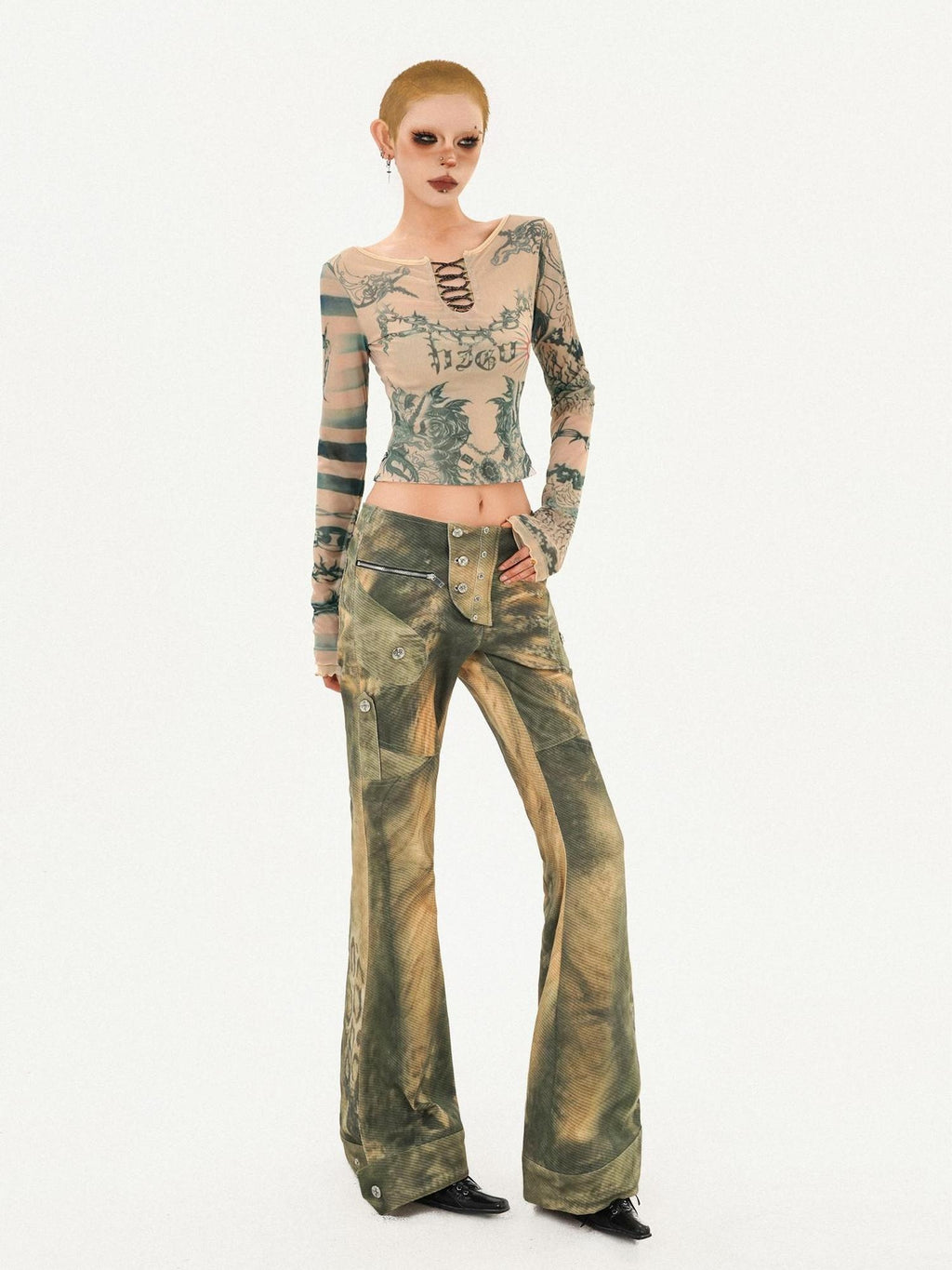 Nico Molly Vintage Tie Dye Floral Mesh Slim Fit Crew Neck Women Long Sleeve Crop Tops