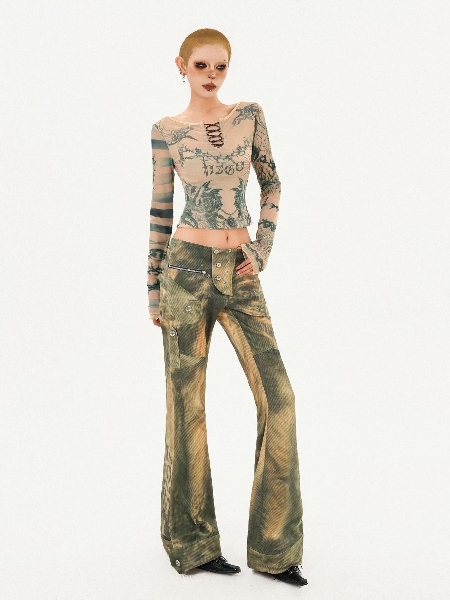 Nico Molly Vintage Tie Dye Floral Mesh Slim Fit Crew Neck Women Long Sleeve Crop Tops