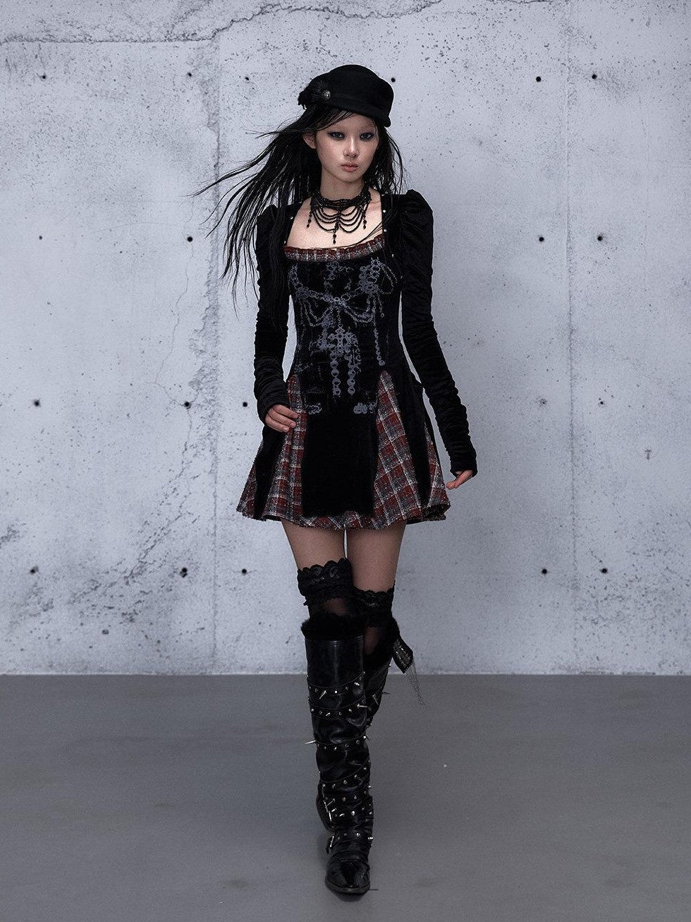 NO ROMANCE Baroque Plaid Polka Dot Square Neck Puff Sleeve Women'S Velvet Mini Dresses