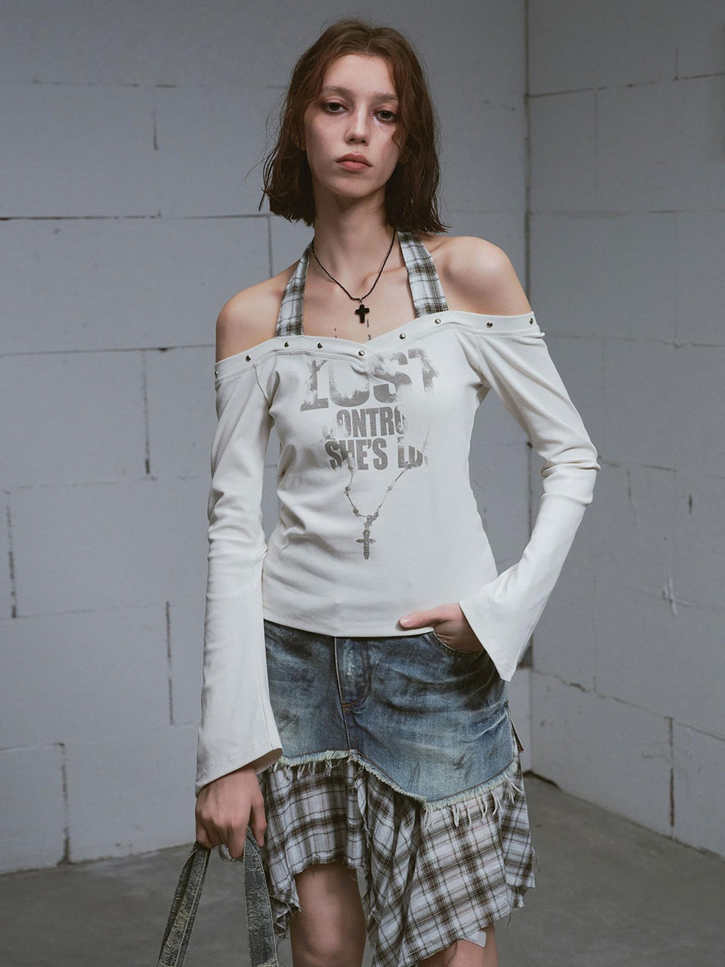 Cest Nous Printed Slim Street Punk Long Sleeve Straight Neck Women Haltercroptops