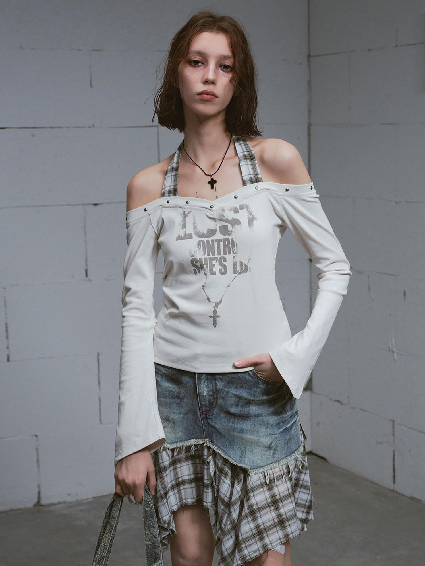 Cest Nous Printed Slim Street Punk Long Sleeve Straight Neck Women Haltercroptops