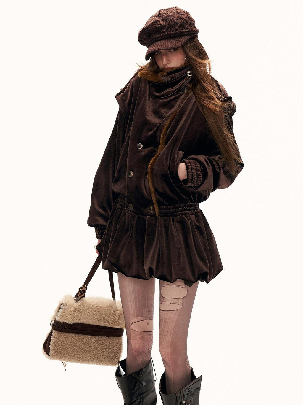 MAMC Cinched Waist Vintage Double Breasted Button Long Sleeve Brown Mini Dresses
