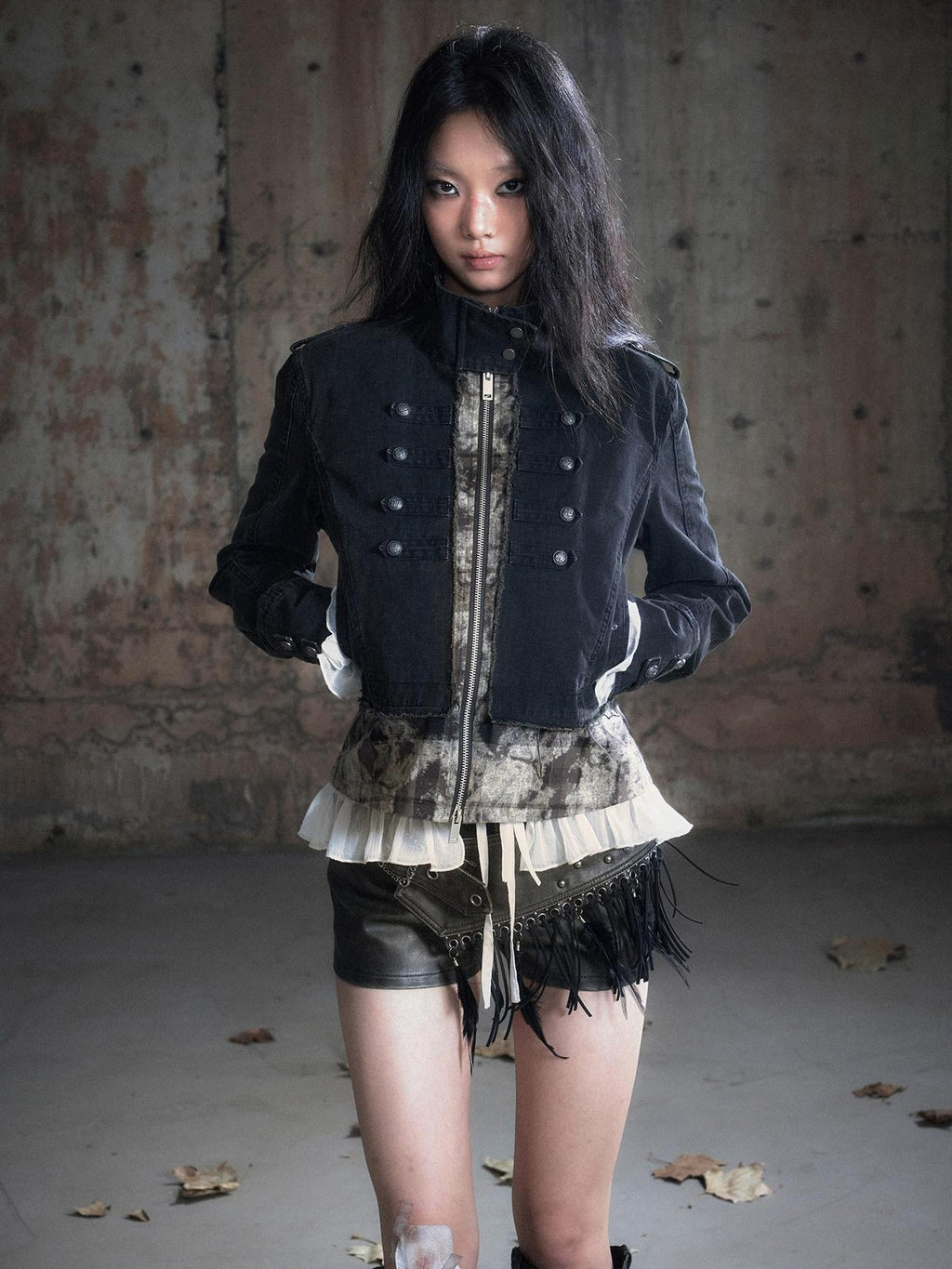 Cest Nous Frayed Punk Stand Collar Camo Cotton Button Long Sleeve Women Croppedjackets