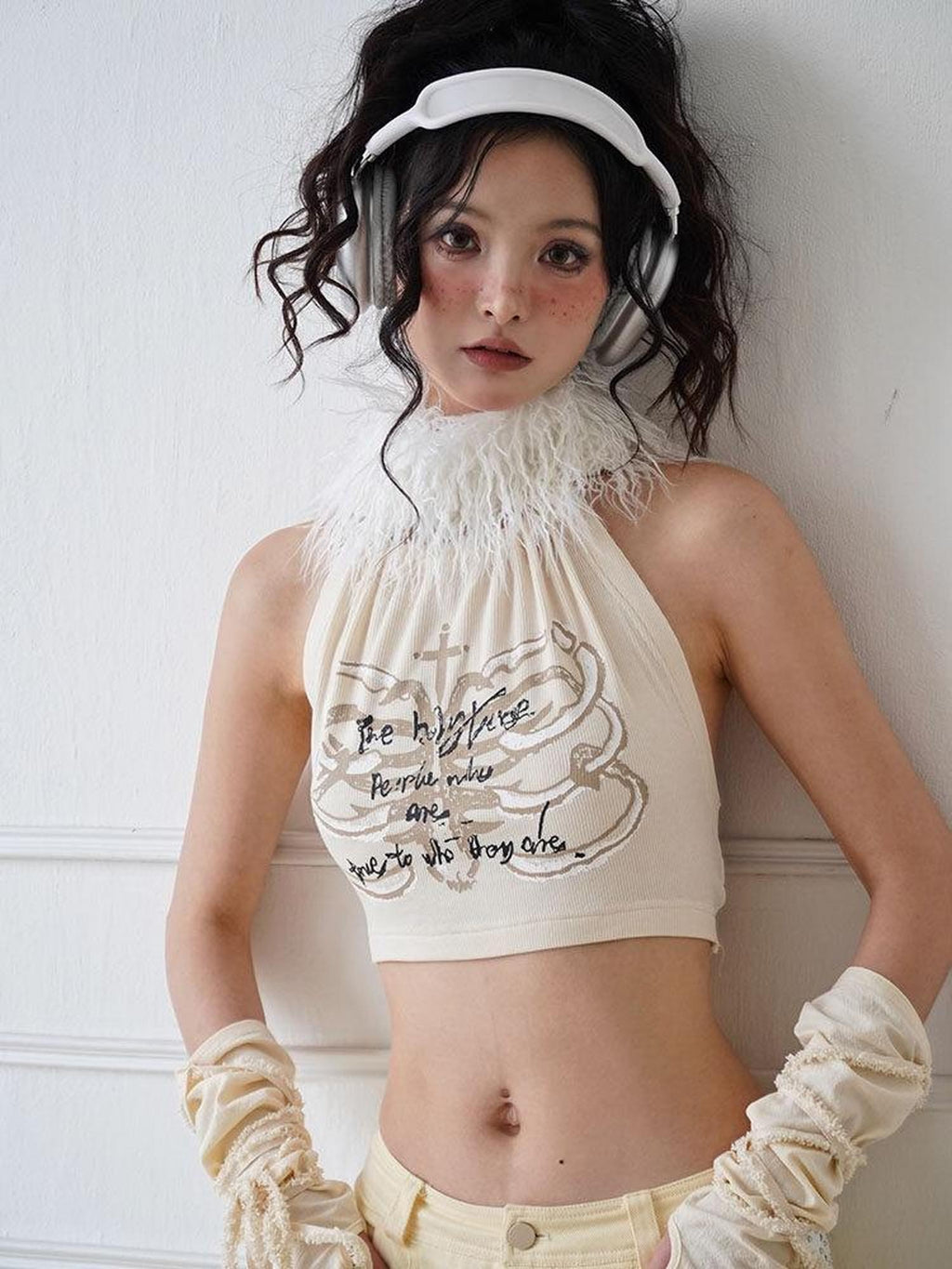 WSW 100 Percent Cotton Soft Halter Cropped Original Design Women Beige Tank Tops