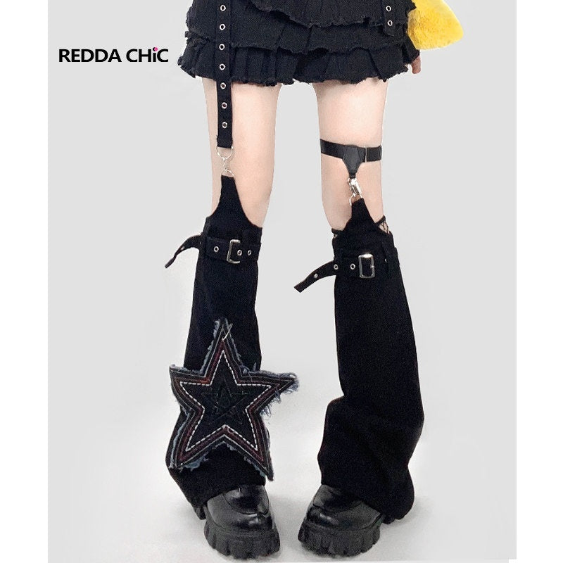 REDDACHIC_Black_Star_Geometric_Stacked_Women'S_Washed_Denim_Leg_Warmers_MISSTT