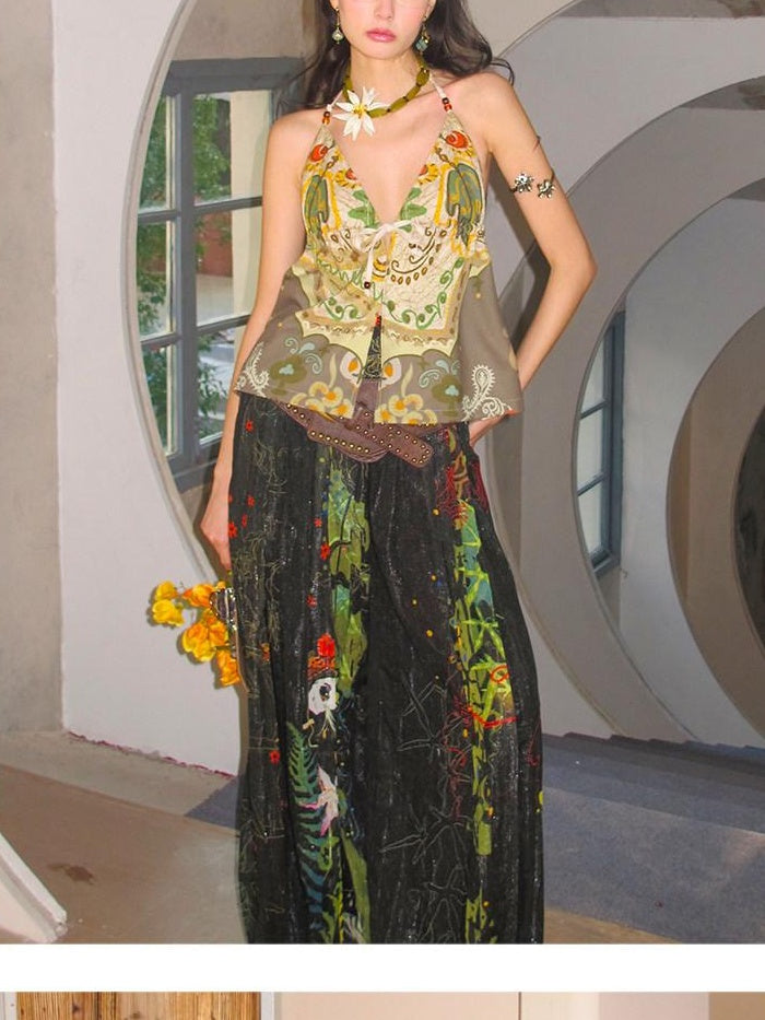 OfAkiva Dark Gothic Floral Embroidered Lantern Natural Waist Casual Women Wide Leg Pants