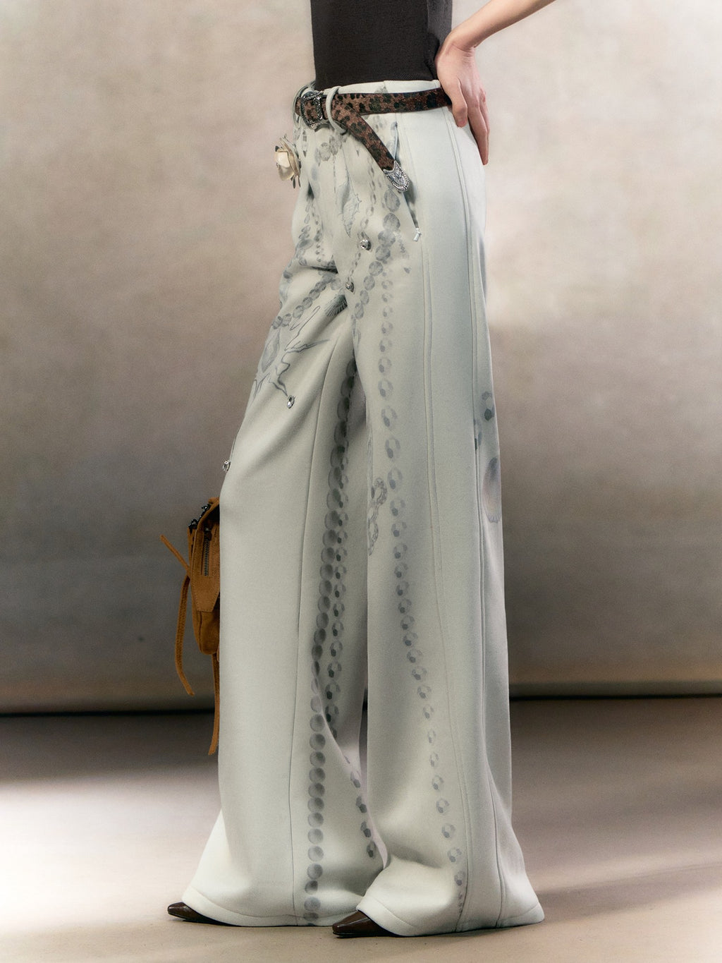 OfAkiva High Waisted Printed Chinese Style Zip Fly Women Gray Tailored Straight Pants