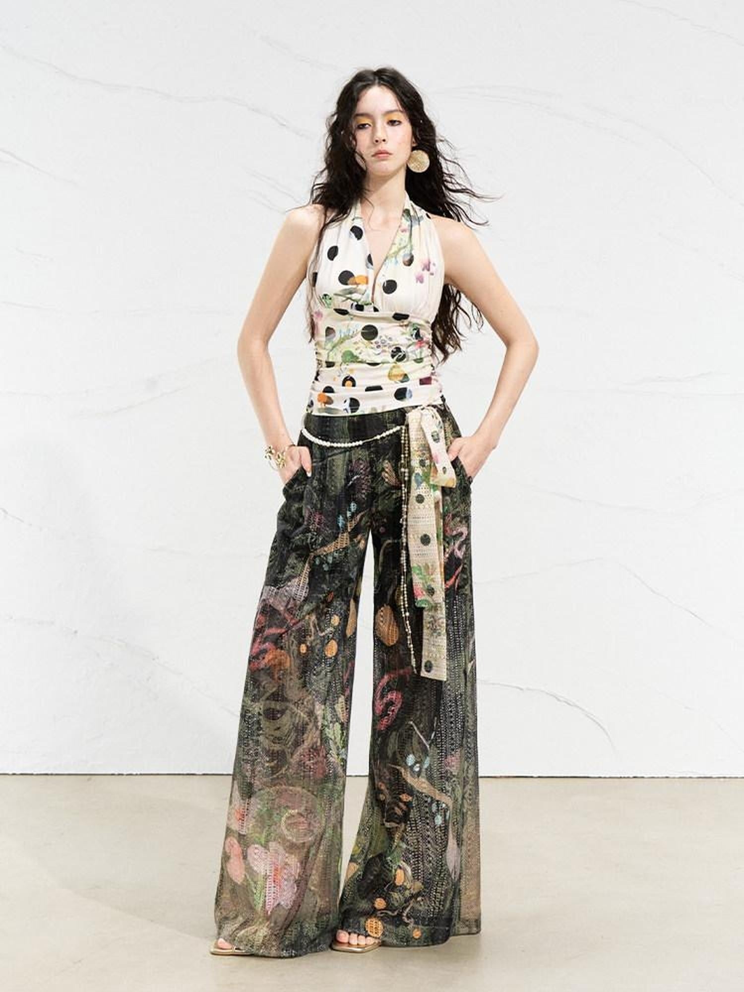 OfAkiva High Waist Cutout Casual Loose Pockets Zip Fly Women Forest Green Wide Leg Pants