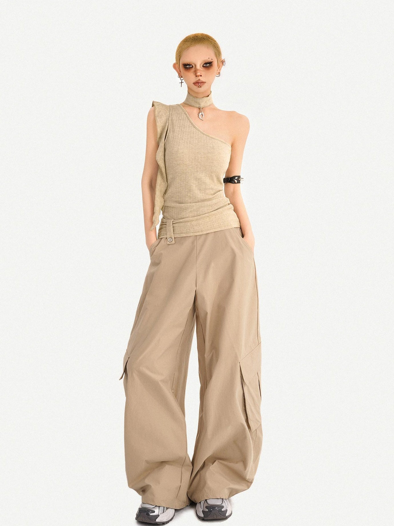 Nico Molly High Waist Khaki Loose Straight Leg Pockets Button Fly Casual Women Cargo Pants