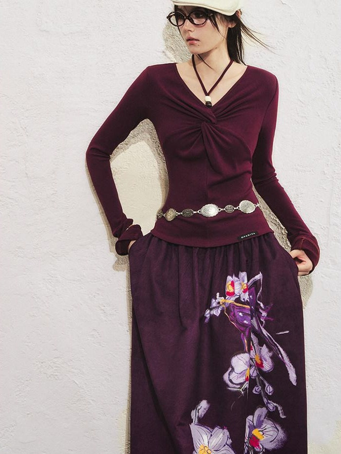 OfAkiva Romantic Tie Front Slim Fit High Waist Women Long Sleeve T-Shirts