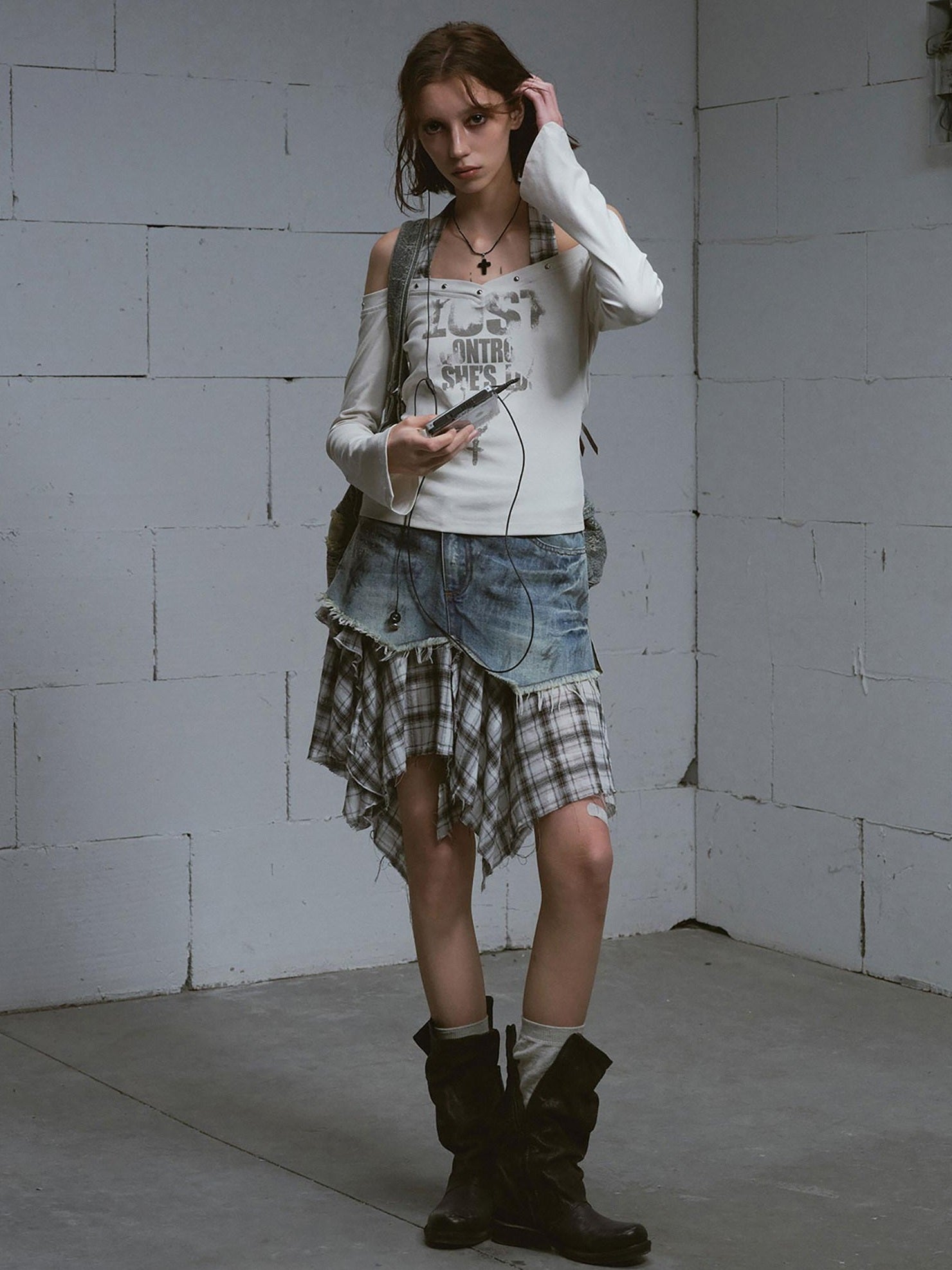 Cest Nous Printed Slim Street Punk Long Sleeve Straight Neck Women Haltercroptops
