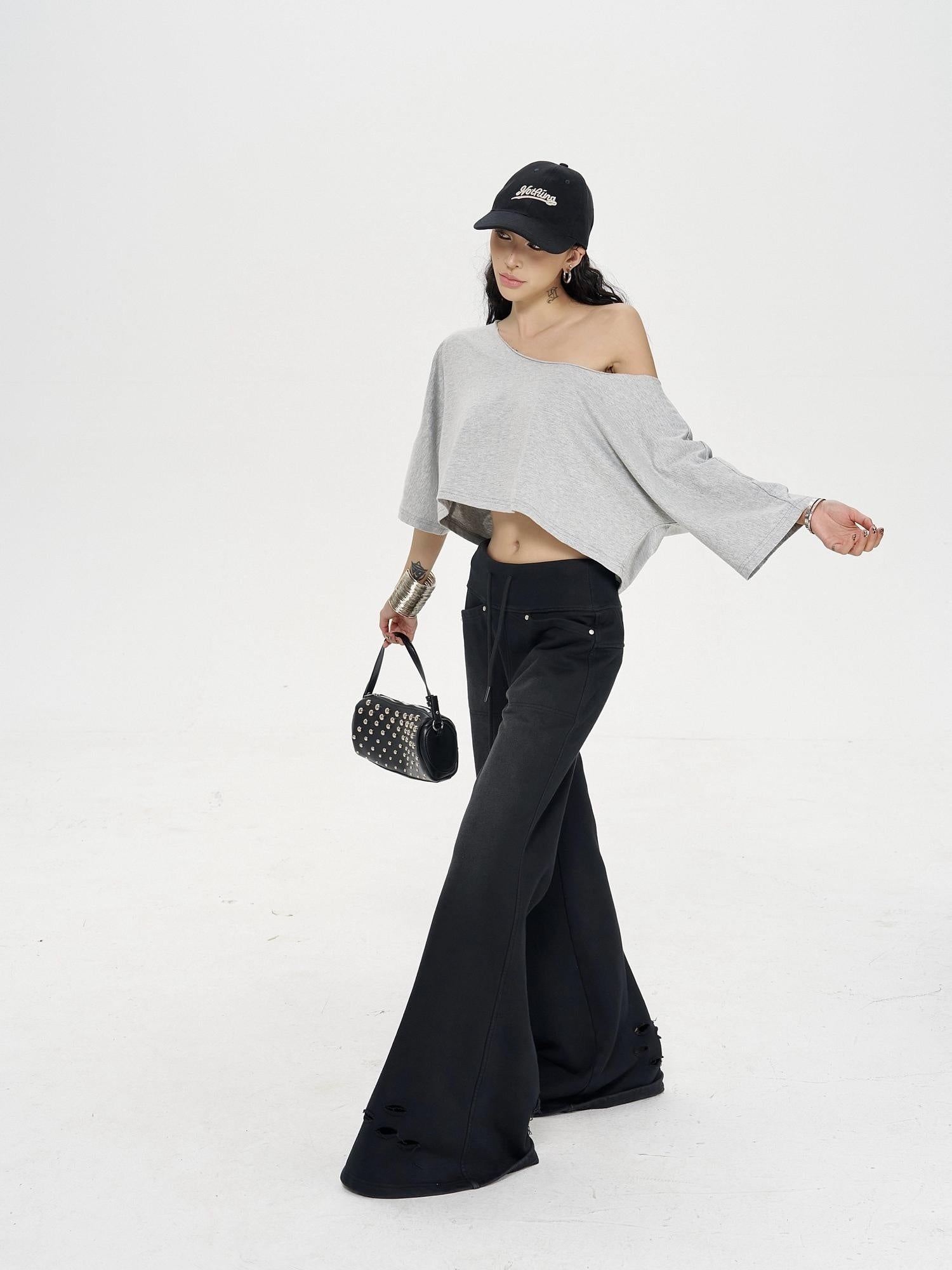 ZERO Soft Washed Cotton Low Rise Elastic Waist Loose Street Women Black Flared Pants