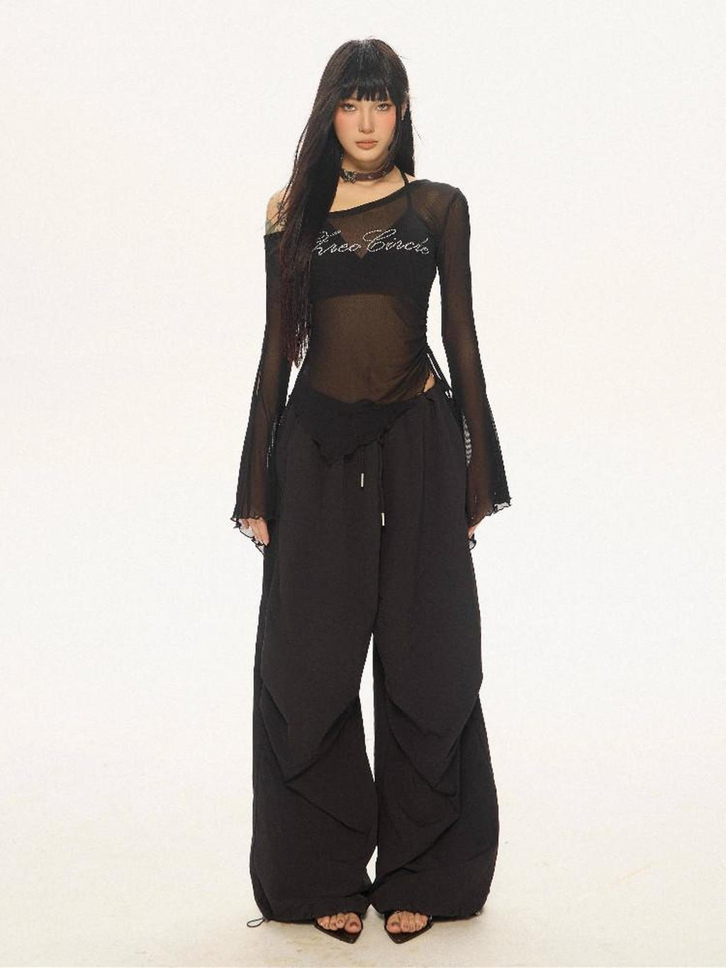 ZERO Rhinestone Nylon Mesh Asymmetrical Neck Slim Street Long Sleeve Crop Tops