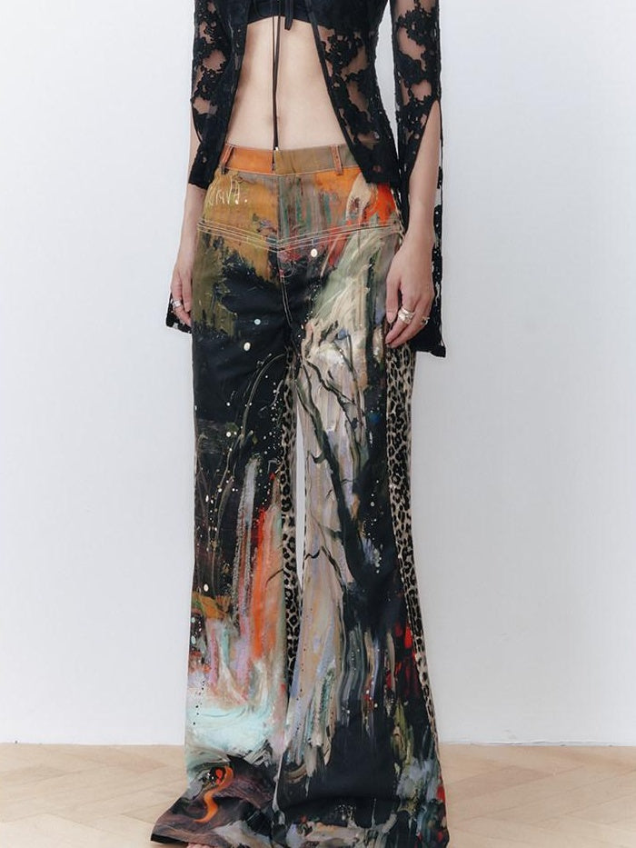 OfAkiva High Waist Leopard Patchwork Commuter Womens Straight Cut Flared Pants