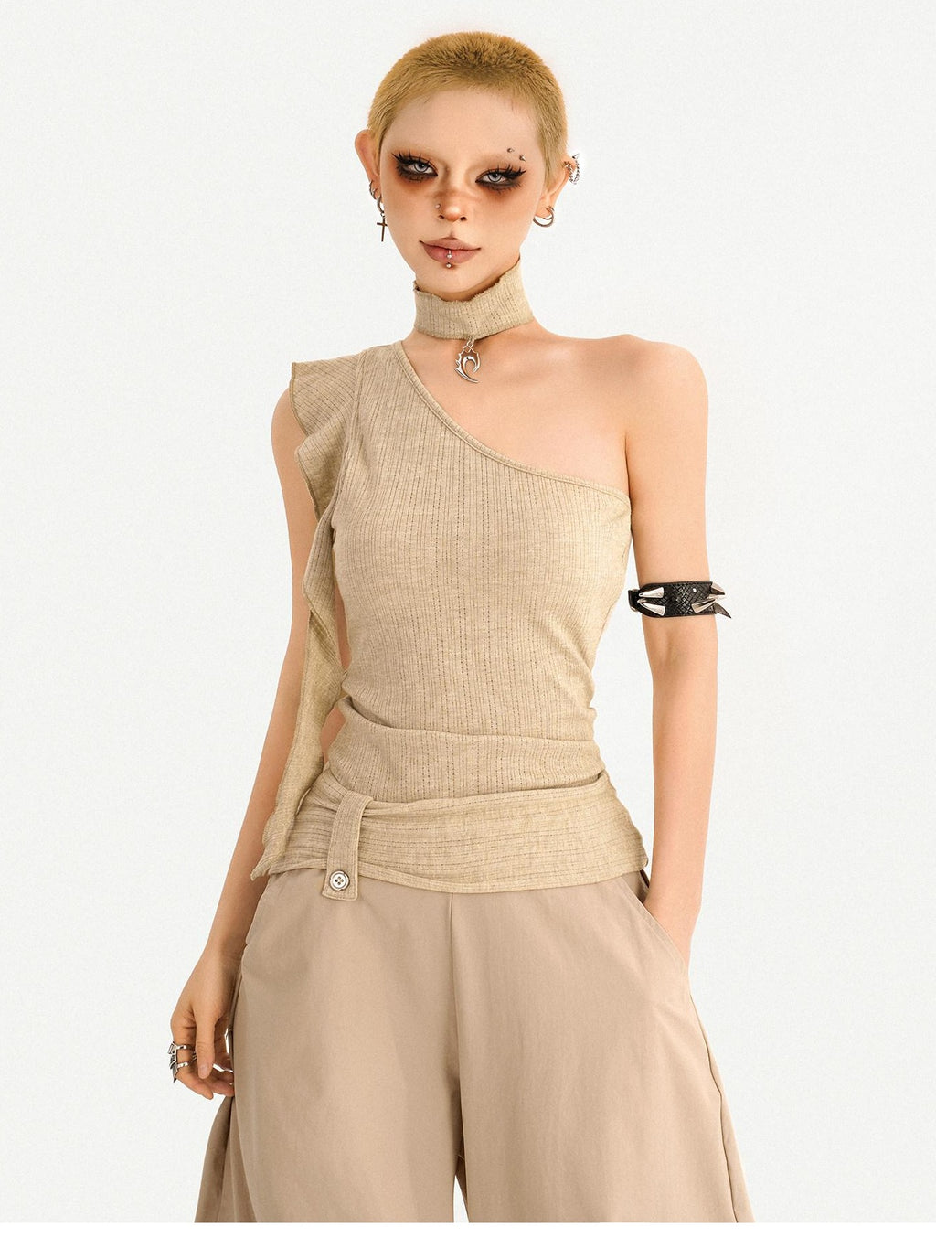 Nico Molly Khaki Padded Slim Street Style Casual Travel Youth Off Shoulder Crop Tops