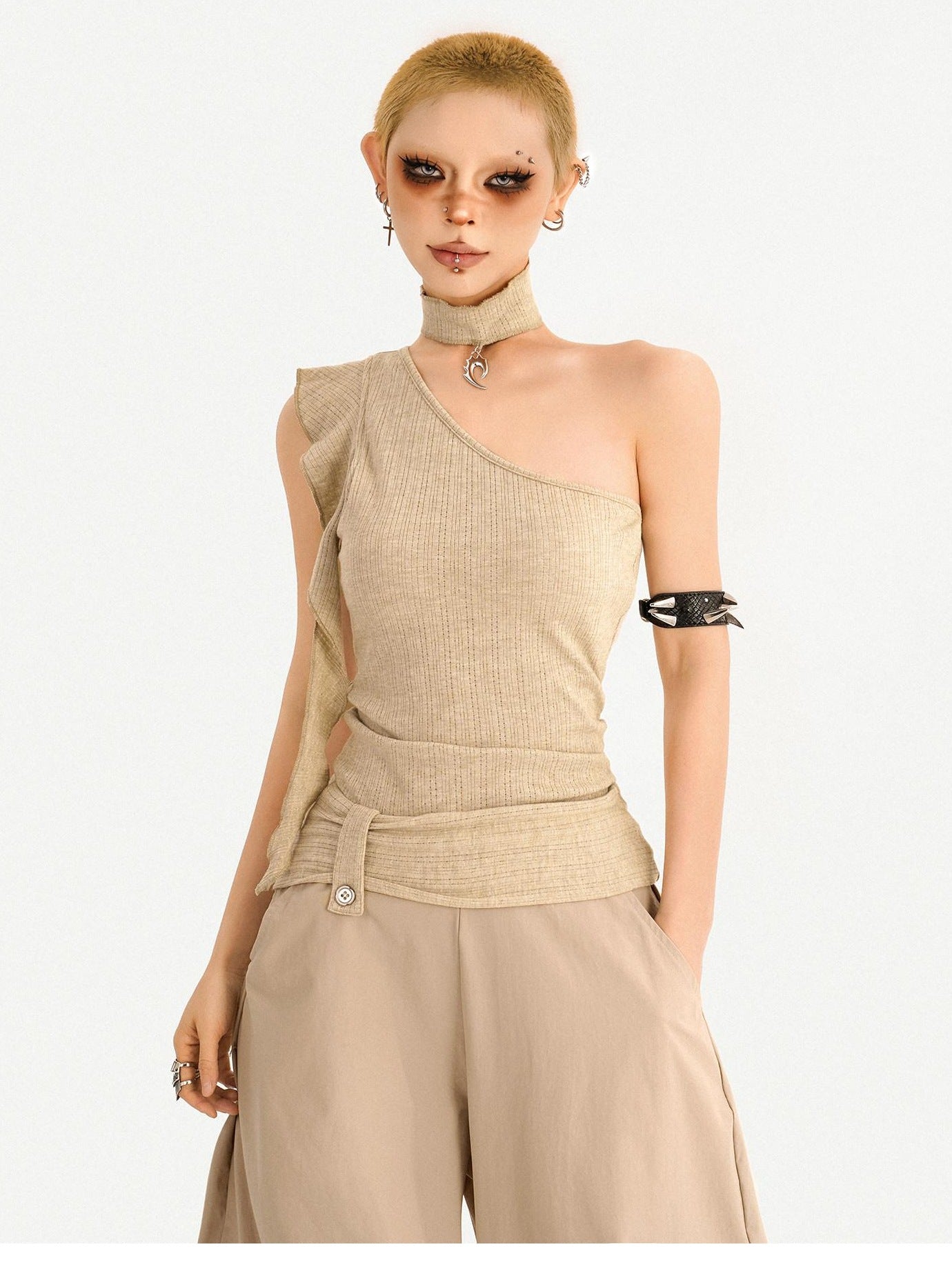 Nico Molly Khaki Padded Slim Street Style Casual Travel Youth Off Shoulder Crop Tops