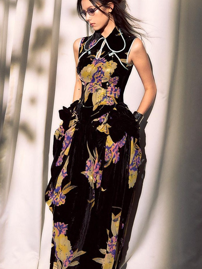 OfAkiva Elegant Chinese Style Jacquard High Waist A Line Two Piece Women Maxi Dresses