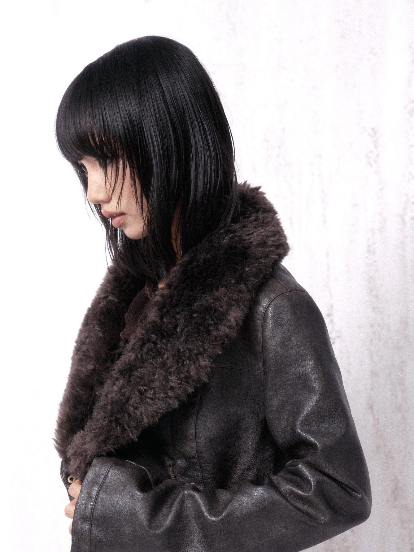 OPEN AESTHETIC Warm Fur Collar Slim Fit Retro Pleated Pu Brown Notch Collar Leather Jackets