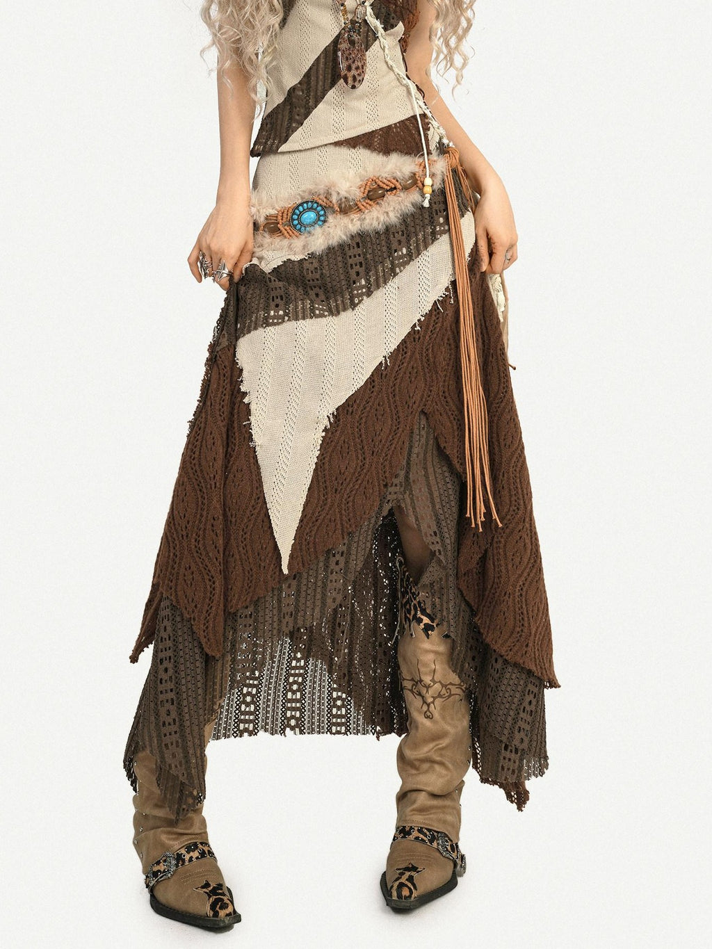 Nico Molly Fringed Knit Slim Fit Vintage Beige High Waist Casual Youth Top & Skirt Sets