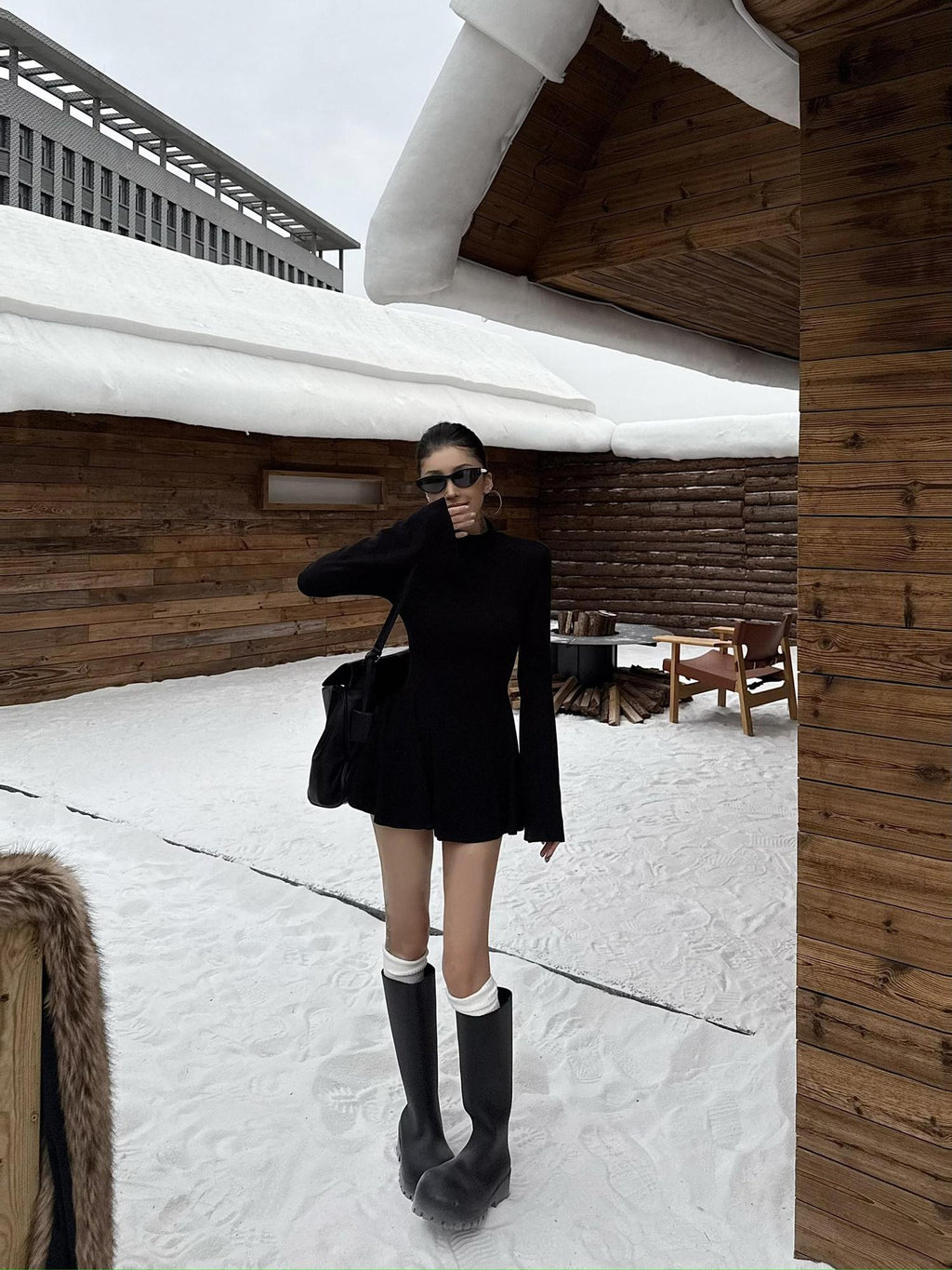 ZERO Soft Stretch Korean Knit High Neck Long Sleeve Asymmetric Hem Slim Mini Dresses