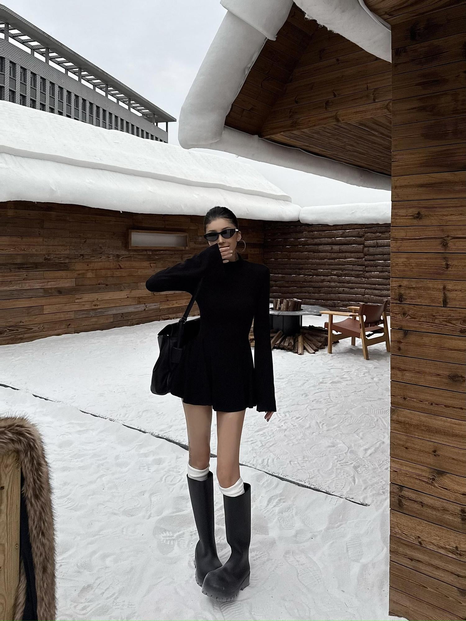 ZERO Soft Stretch Korean Knit High Neck Long Sleeve Asymmetric Hem Slim Mini Dresses