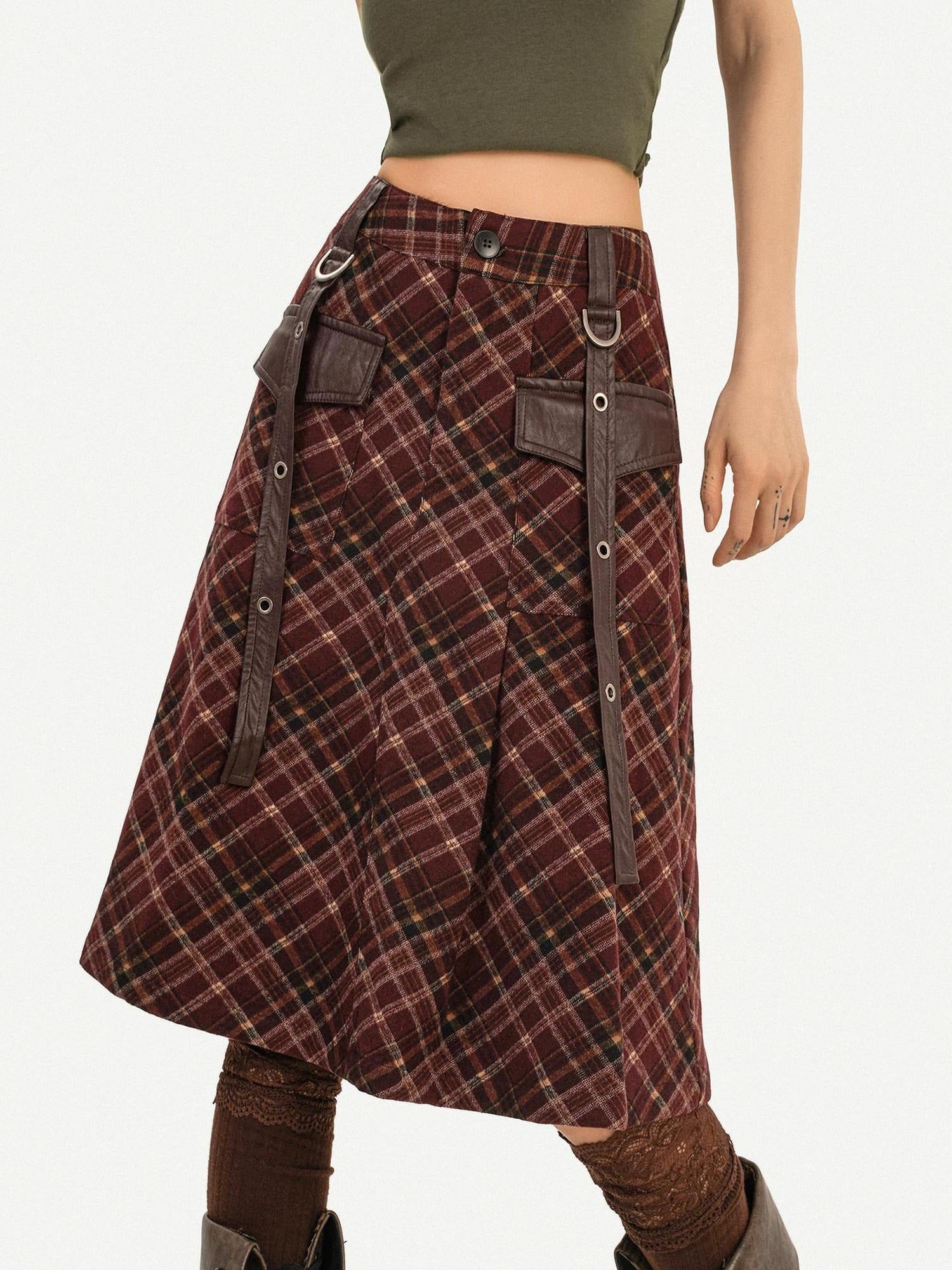 Nico Molly Casual Distressed Plaid A Line Button Pocket Midwaist Tweed Women Midi Skirts