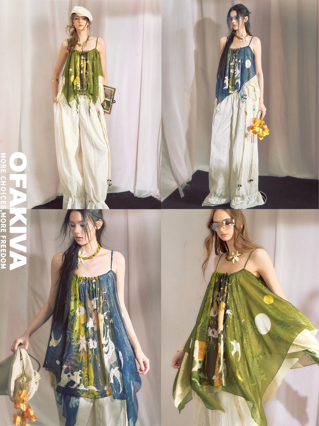 OfAkiva Lightweight Chiffon Printed Loose Fit Square Neck Mid Length Women Camisoles