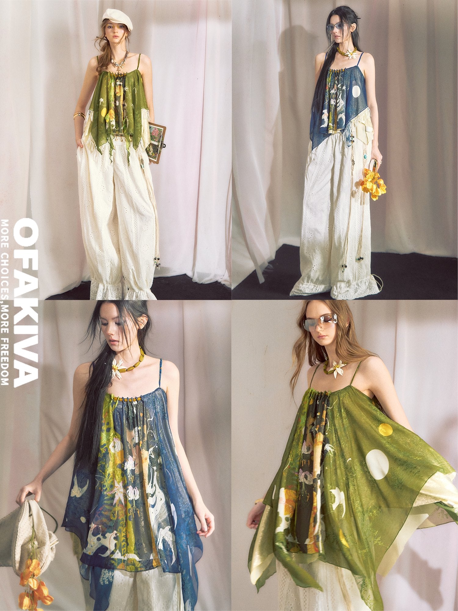 OfAkiva Lightweight Chiffon Printed Loose Fit Square Neck Mid Length Women Camisoles
