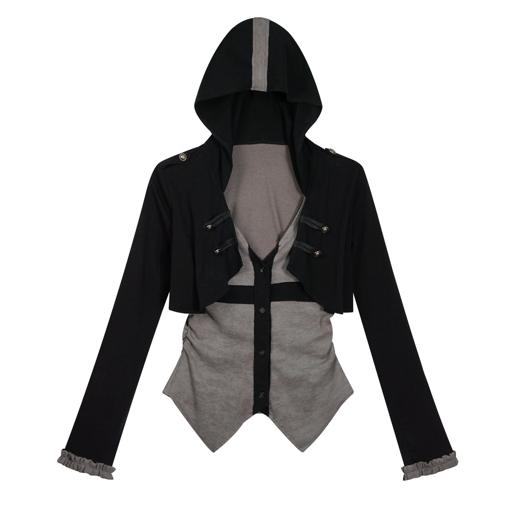 Cest_Nous_Slim_Hooded_Patchwork_Knit_Punk_Long_Sleeve_Open_Front_Women_Black_Gray_Blouses_MISSTT