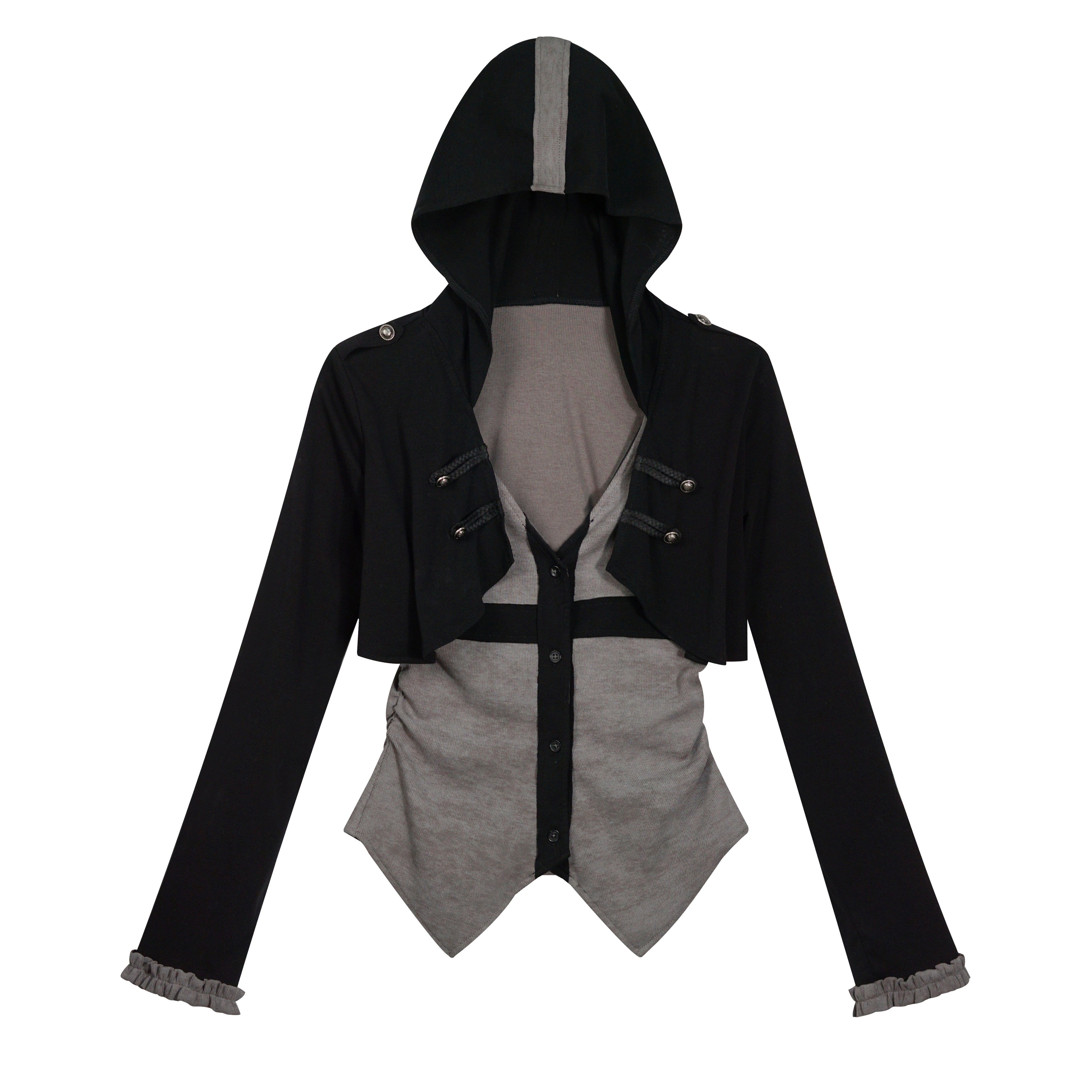Cest_Nous_Slim_Hooded_Patchwork_Knit_Punk_Long_Sleeve_Open_Front_Women_Black_Gray_Blouses_MISSTT