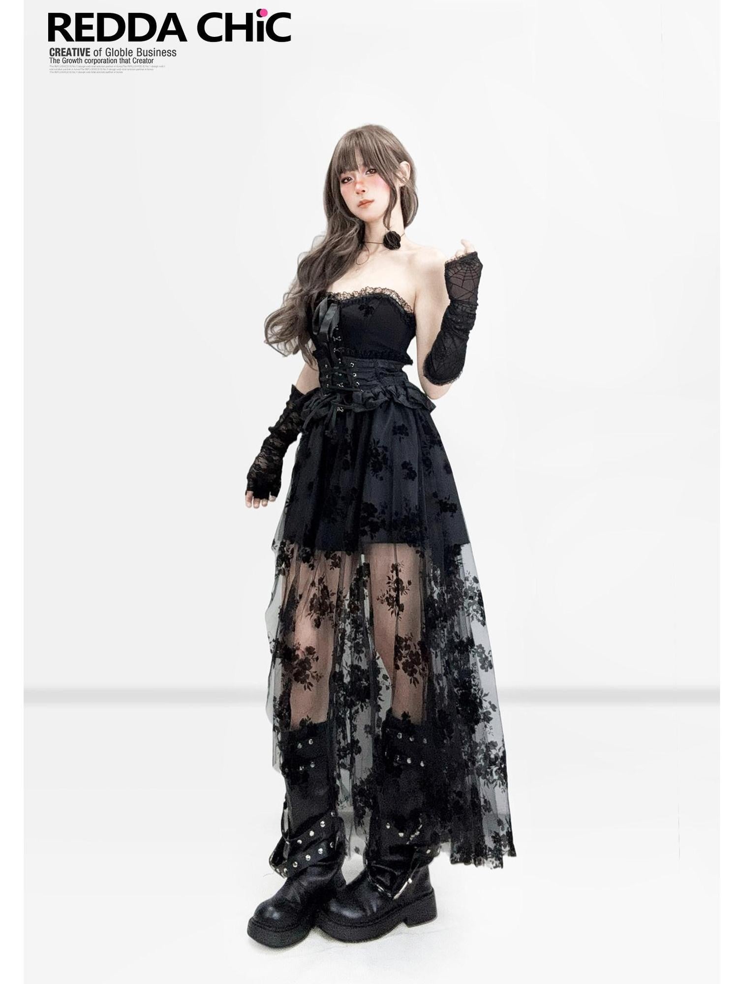 REDDACHIC Black Lace Spliced Aline Waist Cinch Women'S Mesh Strapless Midi Dresses