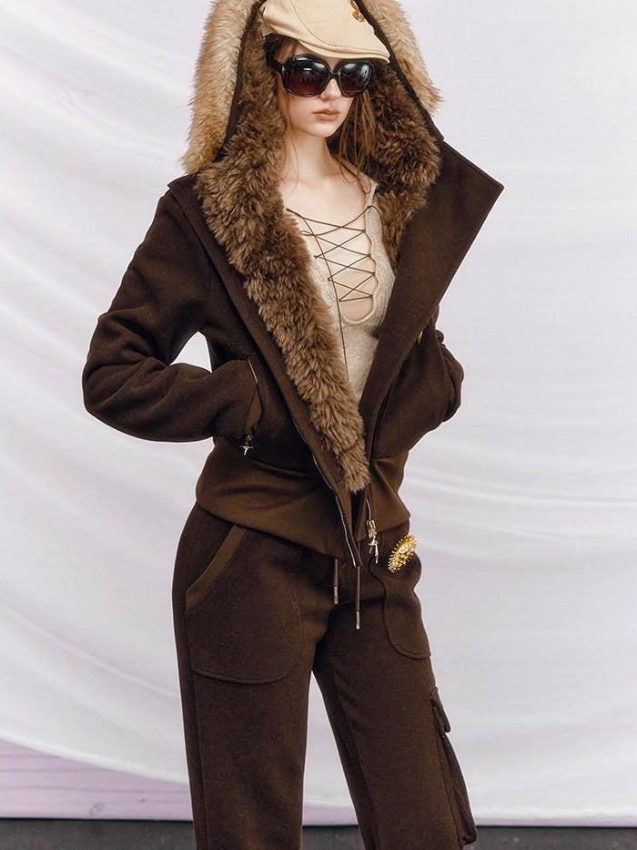 OfAkiva Thick Knit Slim Hooded Zip Jacket Multi Pocket For Women Top & Pants Sets
