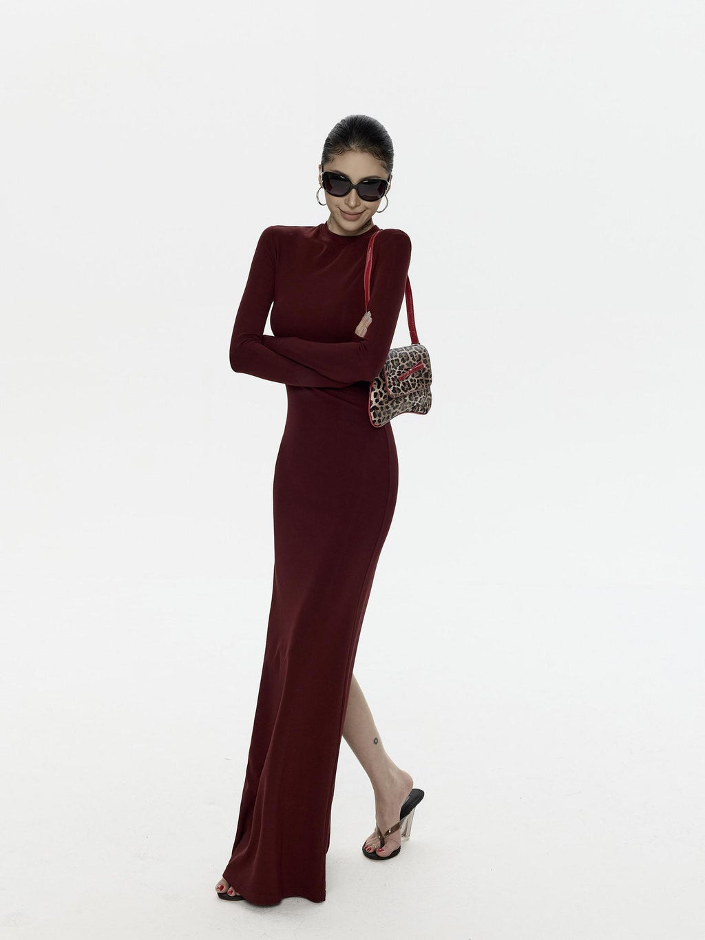 ZERO Soft Stretch Viscose T Shirt Long Sleeve Casual Deep Red Maxi Dresses