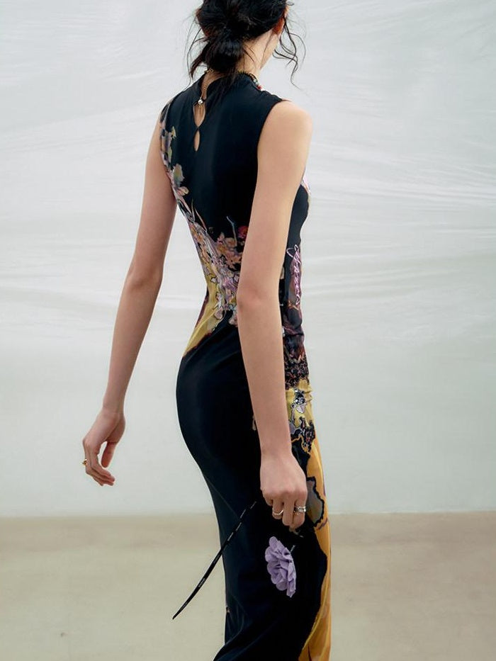 OfAkiva High Waist Floral New Chinese Style A Line Qipao Womens Tricolor Maxi Dresses
