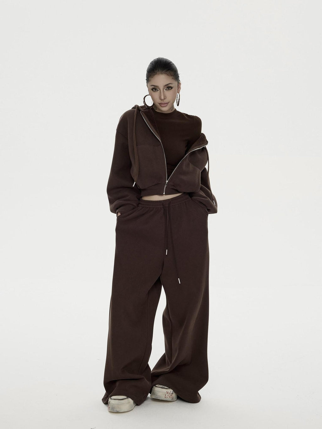 ZERO 3 Piece Casual Cropped Long Sleeve Women Black Coffee Top & Pants Sets