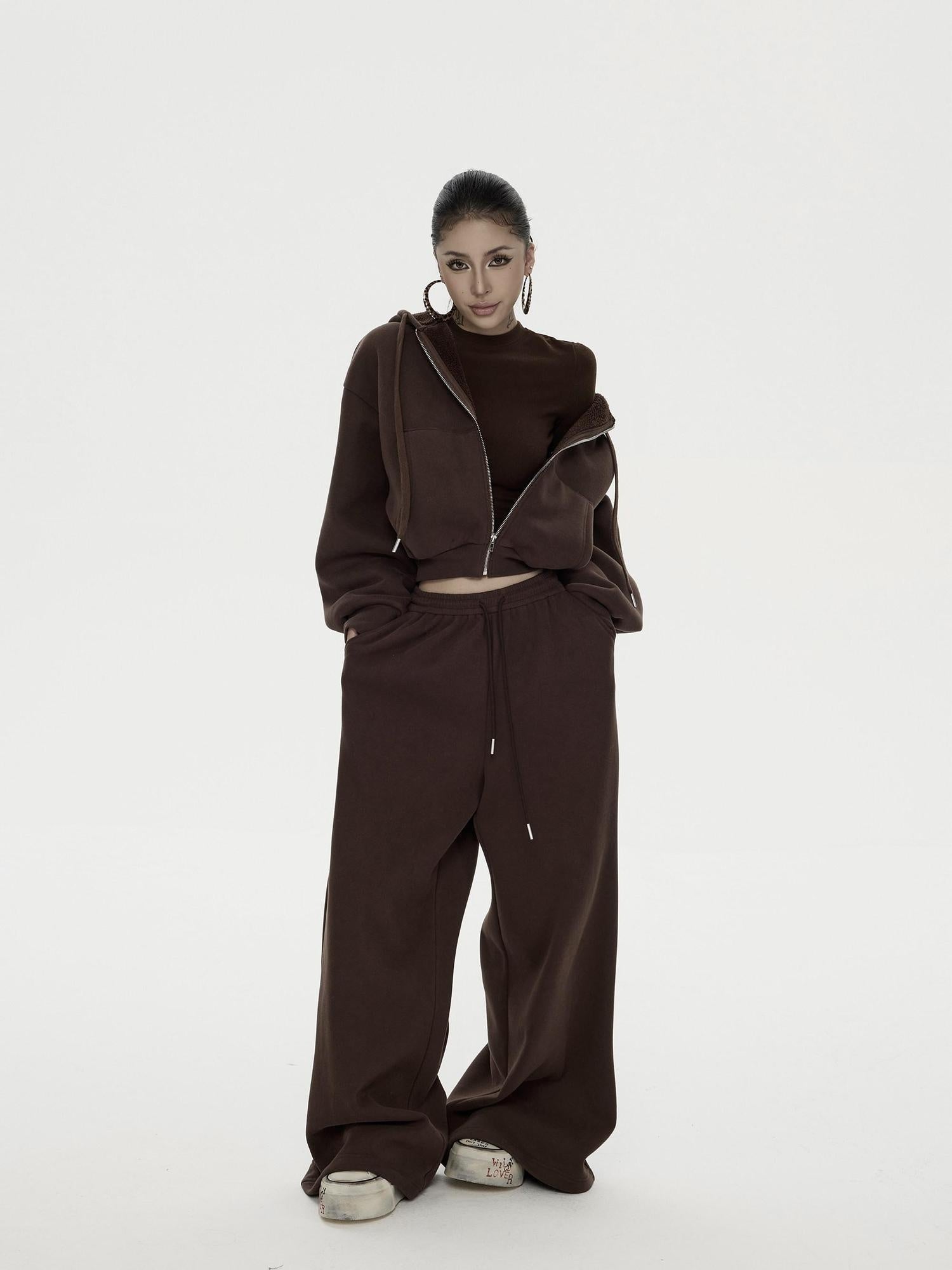 ZERO 3 Piece Casual Cropped Long Sleeve Women Black Coffee Top & Pants Sets