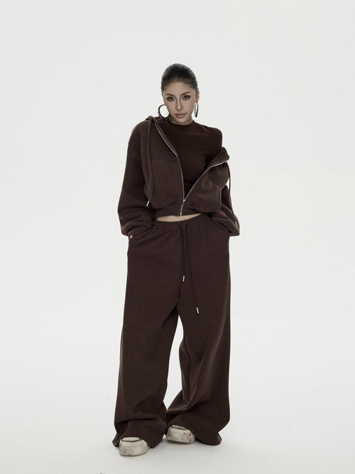 ZERO 3 Piece Casual Cropped Long Sleeve Women Black Coffee Top & Pants Sets