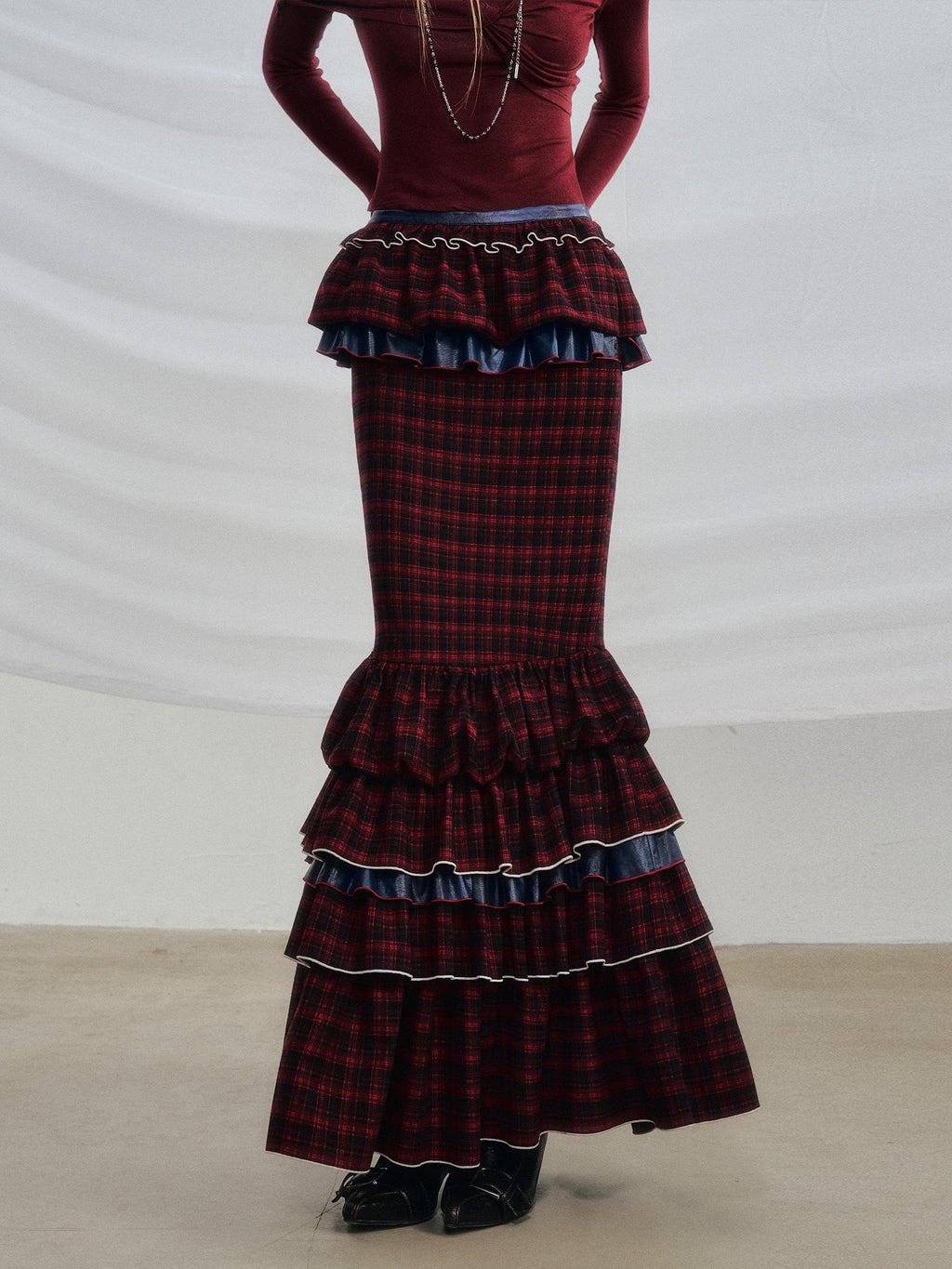 OfAkiva Pleated High Waist A Line Slim Fit City Commuter Women Plaid Maxi Skirts