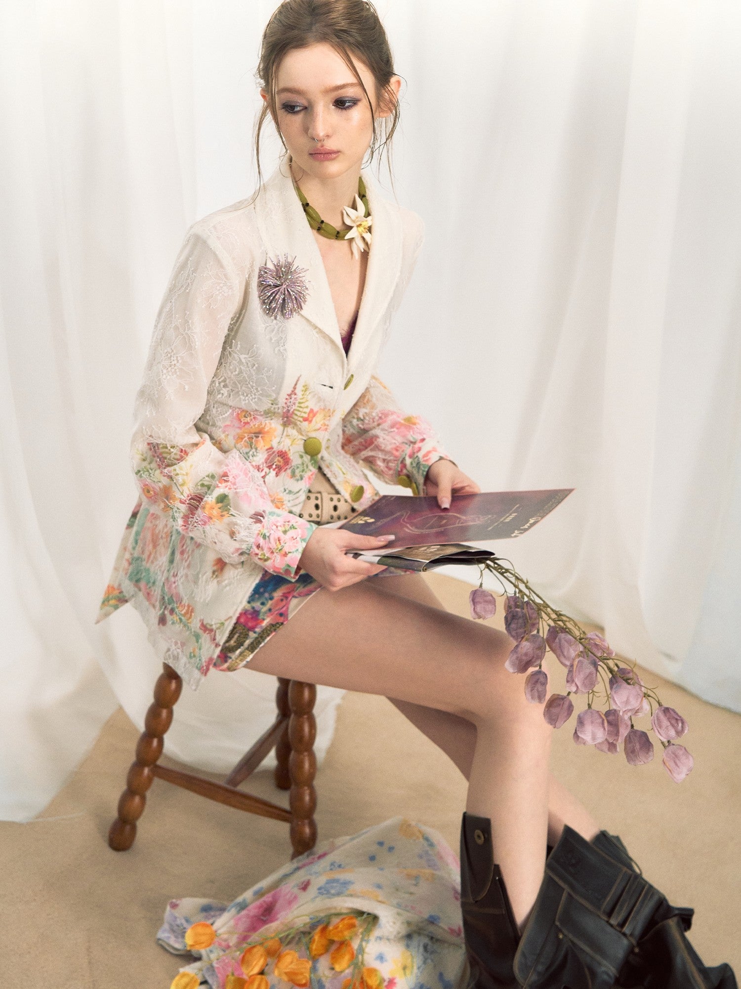 OfAkiva Rhinestone Floral Print Cinched Waist Single Button White Long Sleeve Blazers