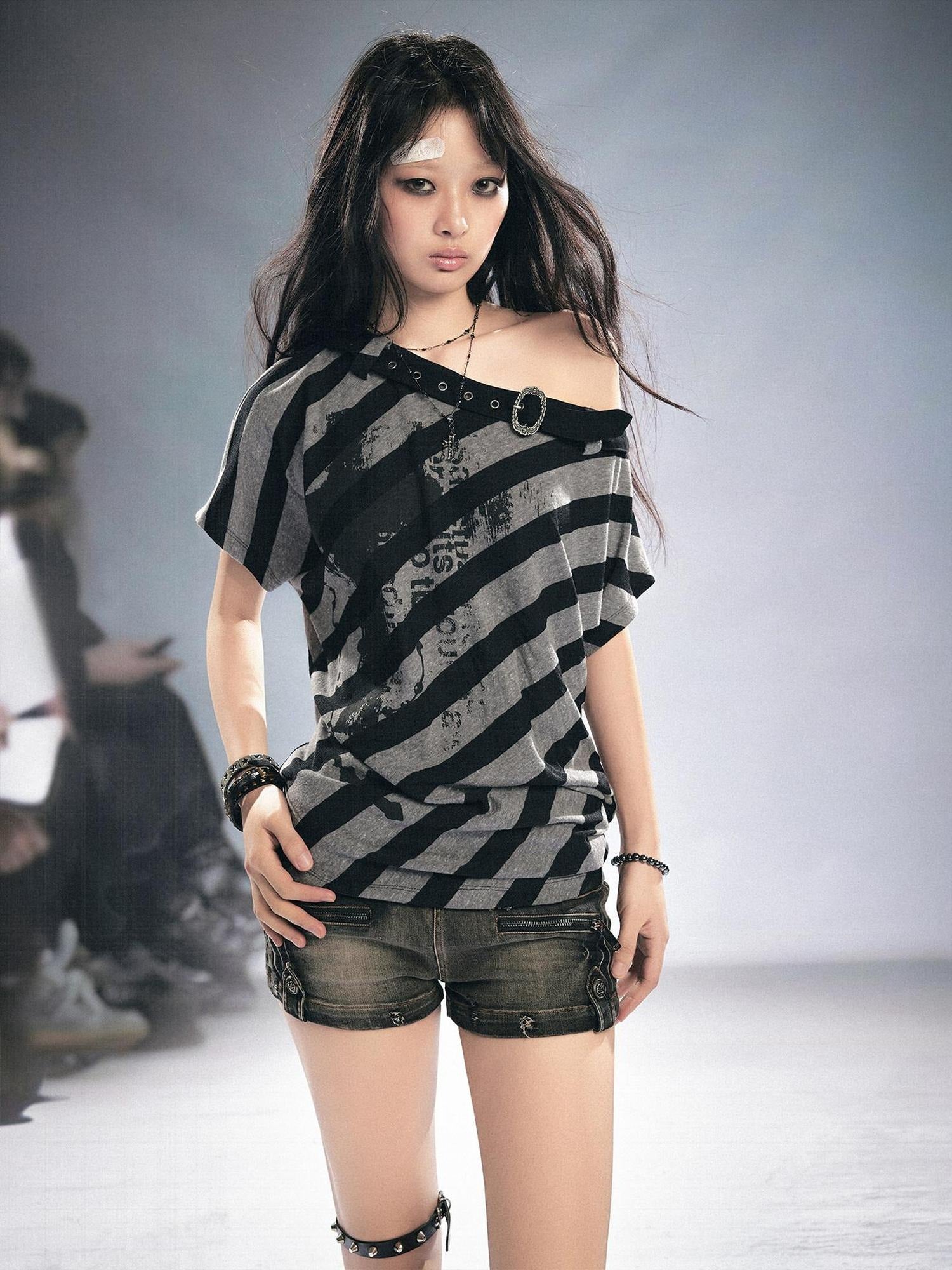 Cest Nous Punk Stripe Batwing Short Sleeve Asymmetric Neck Black Grey Offshouldercroptops