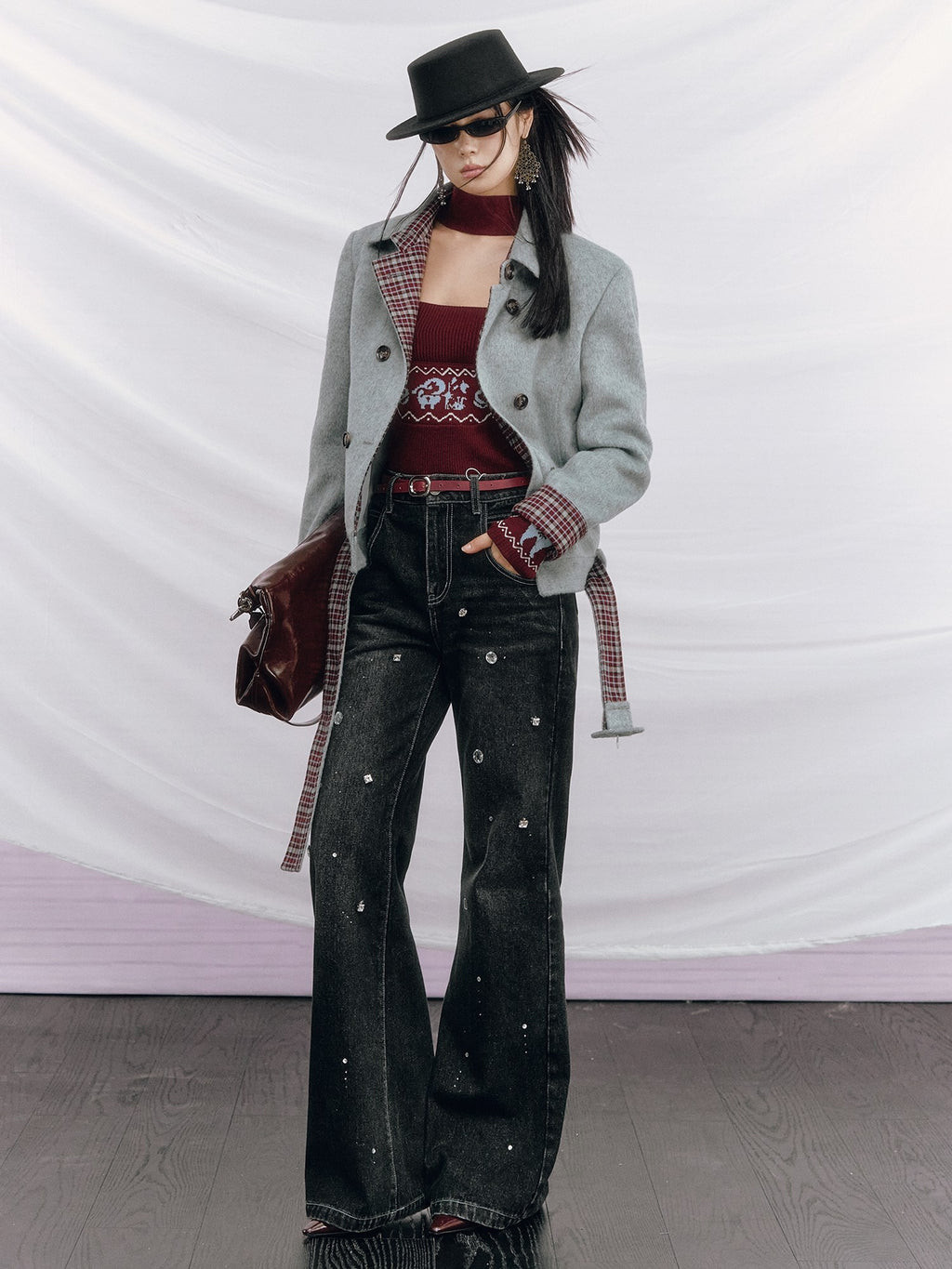 OfAkiva Vintage Slim Fit Plaid Wool Lapel Double Breasted Tailored Women Cropped Jackets