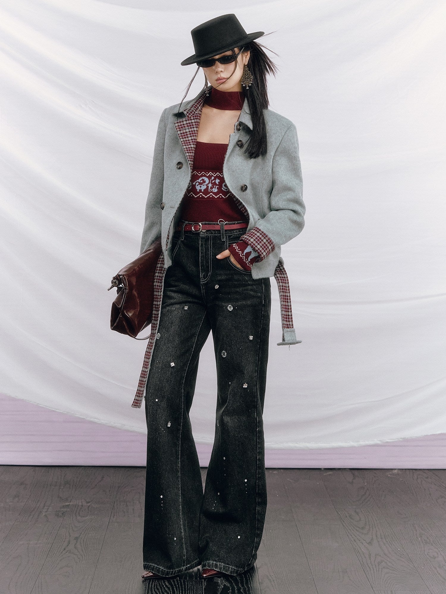 OfAkiva Vintage Slim Fit Plaid Wool Lapel Double Breasted Tailored Women Cropped Jackets