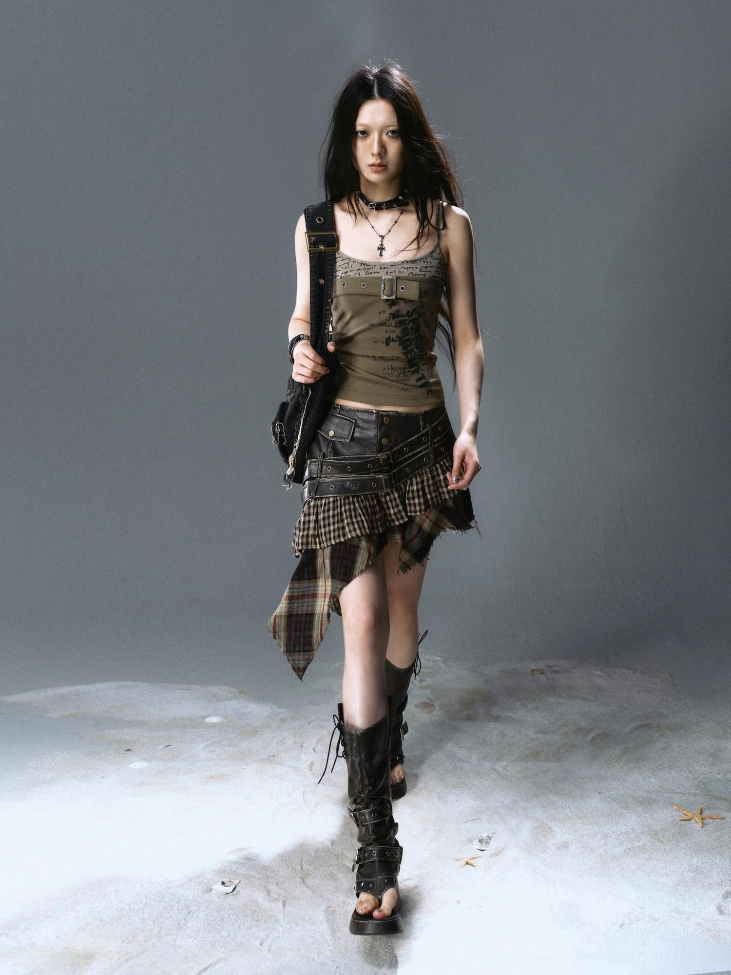 Cest Nous Pu Asymmetric Patchwork A Line Low Waist Punk Street Casual Black Midiskirts
